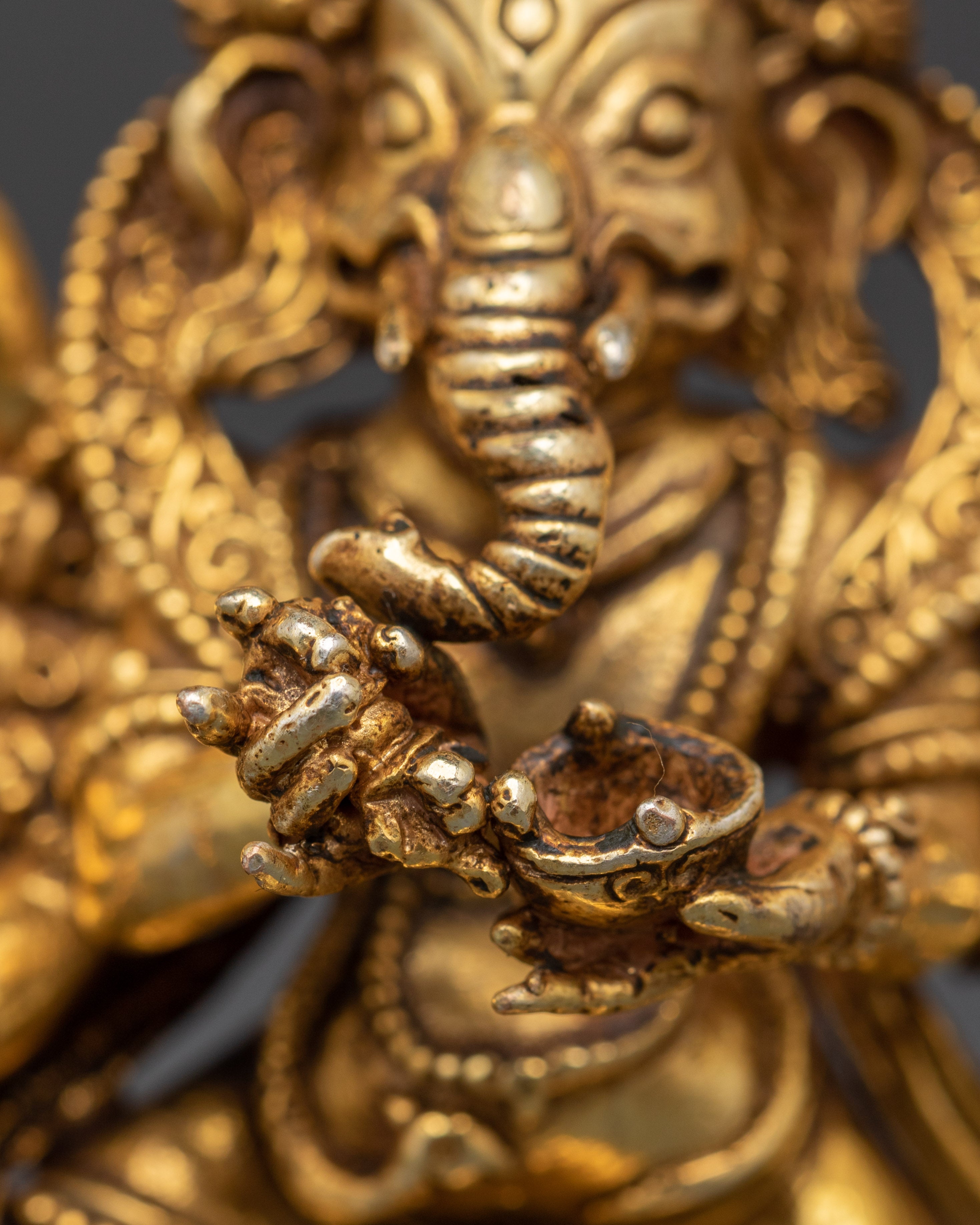 12-Armed Ganesh Gold-Plated Copper Statue | Hindu Deity of Power & Protection