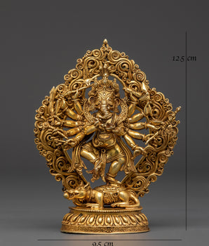 12-Armed Ganesh Gold-Plated Copper Statue | Hindu Deity of Power & Protection