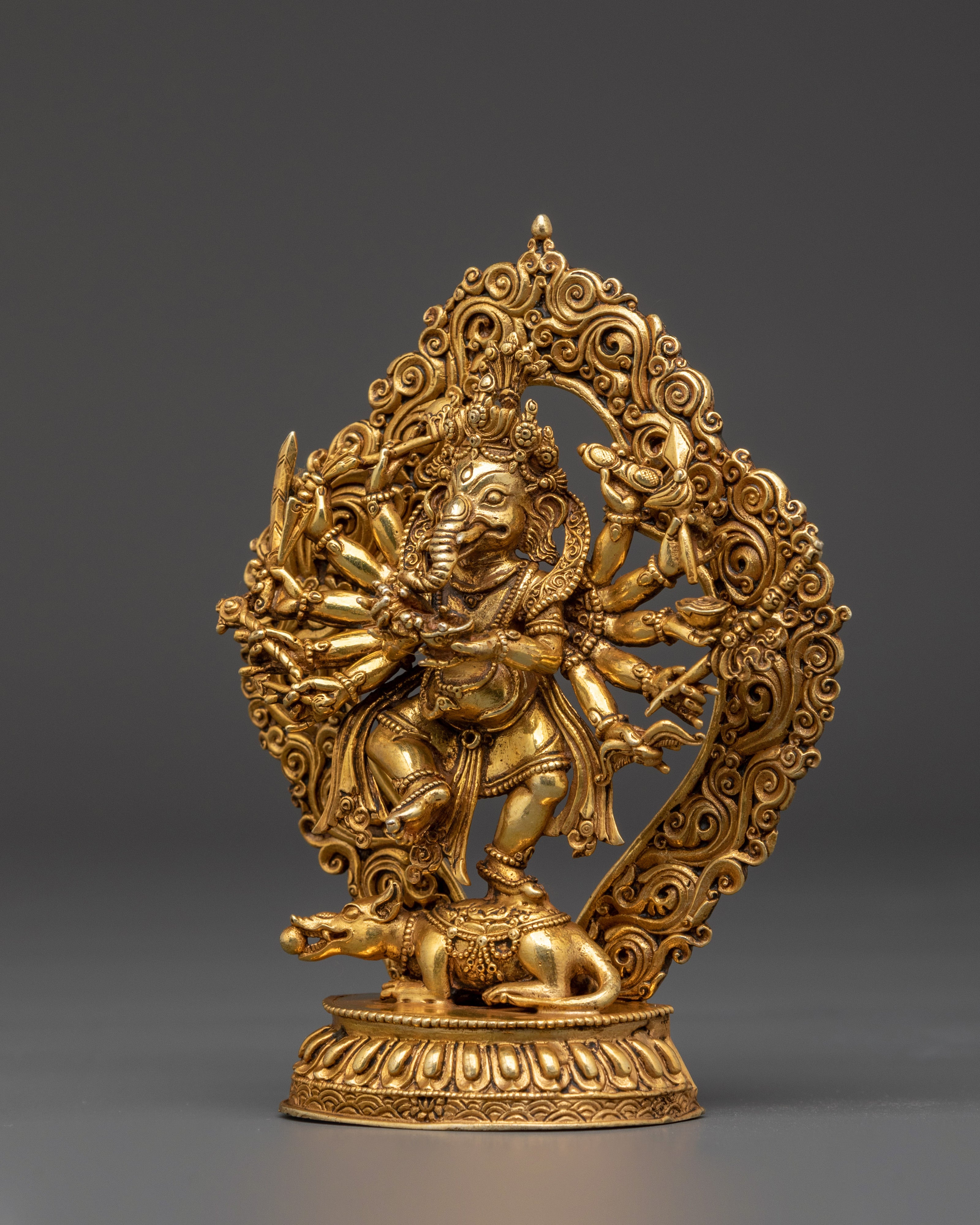 12-Armed Ganesh Gold-Plated Copper Statue | Hindu Deity of Power & Protection