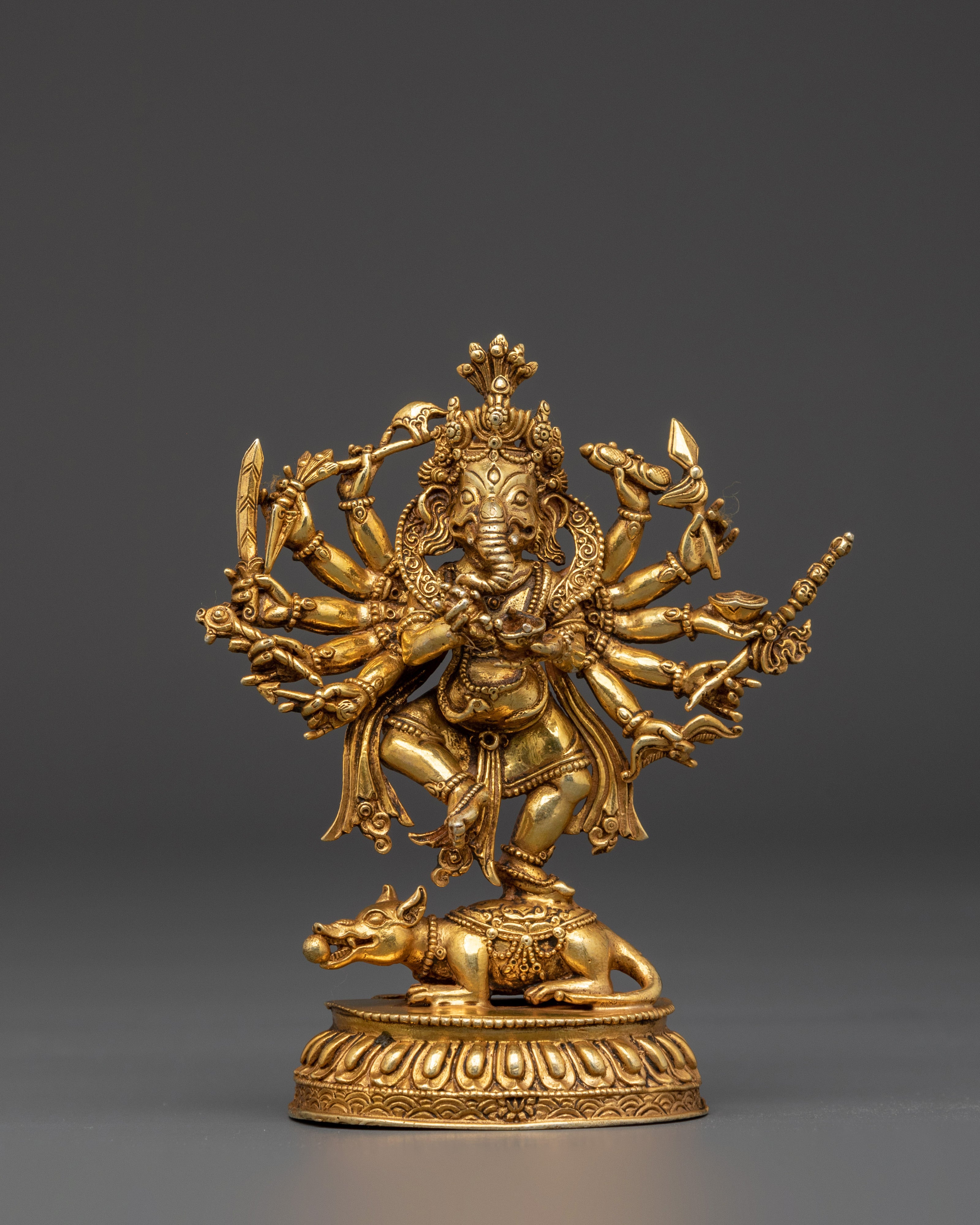 12-Armed Ganesh Gold-Plated Copper Statue | Hindu Deity of Power & Protection