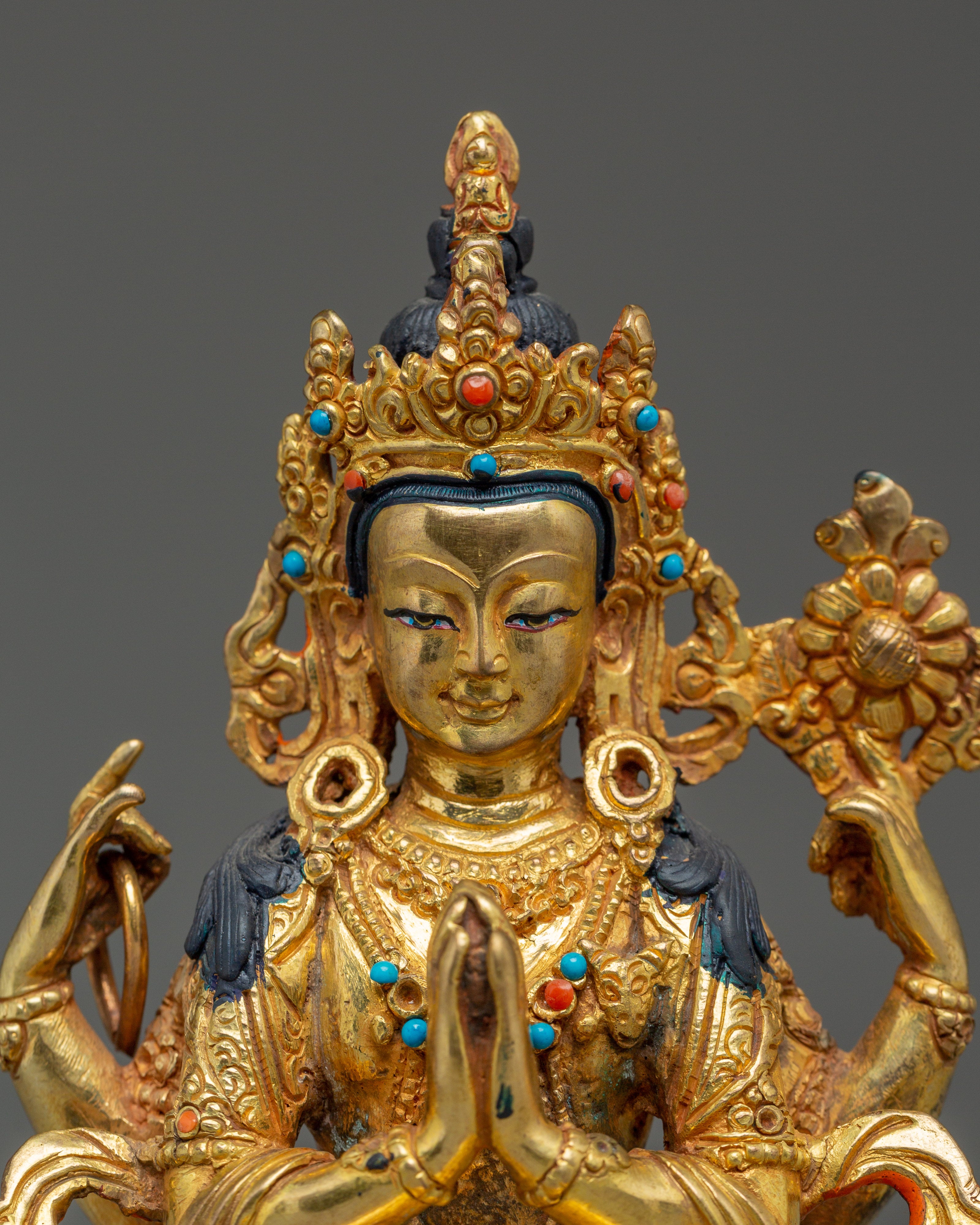Sacred Four-Armed Avalokiteshvara Statue | Handmade Buddhist Sculpture