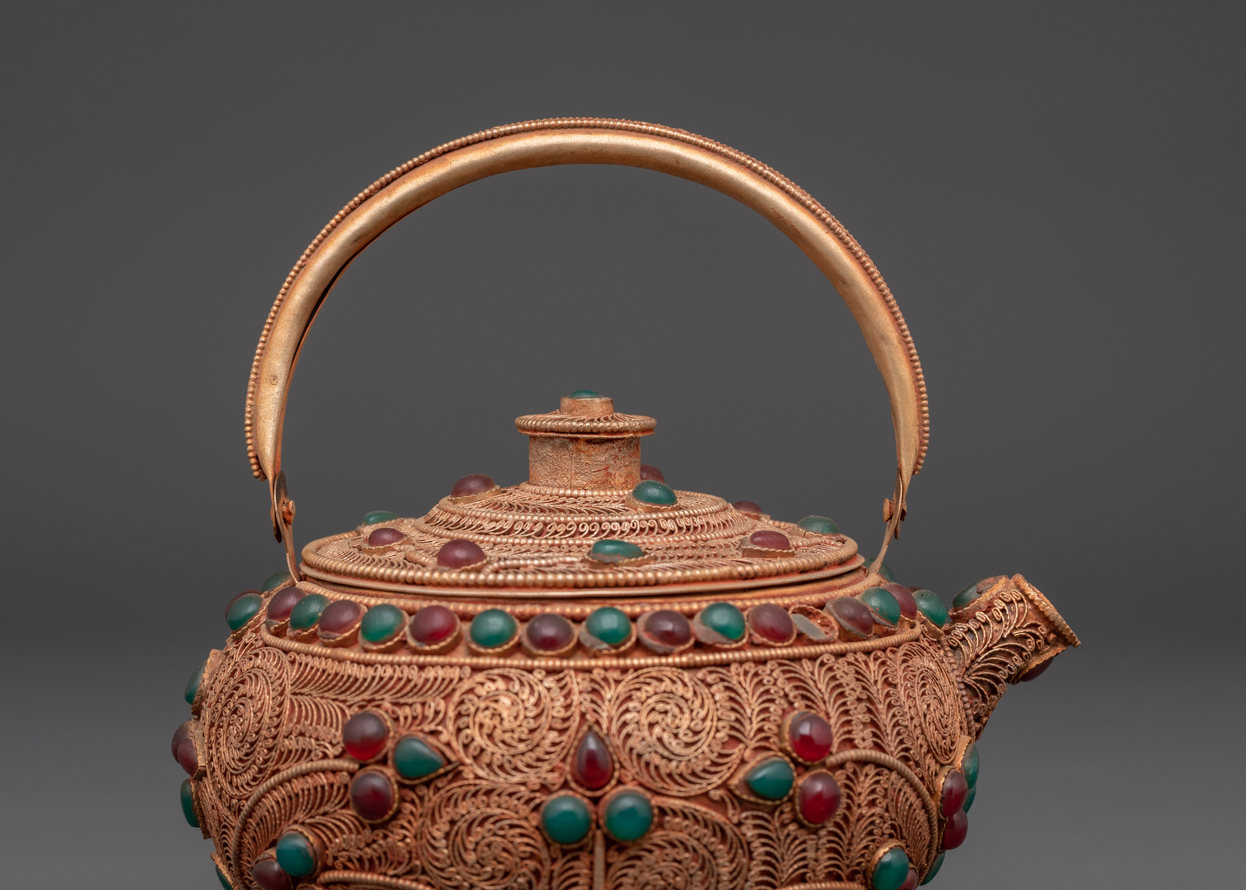Handcrafted Tibetan Teapot | Traditional Copper & Gemstone Tea Pot