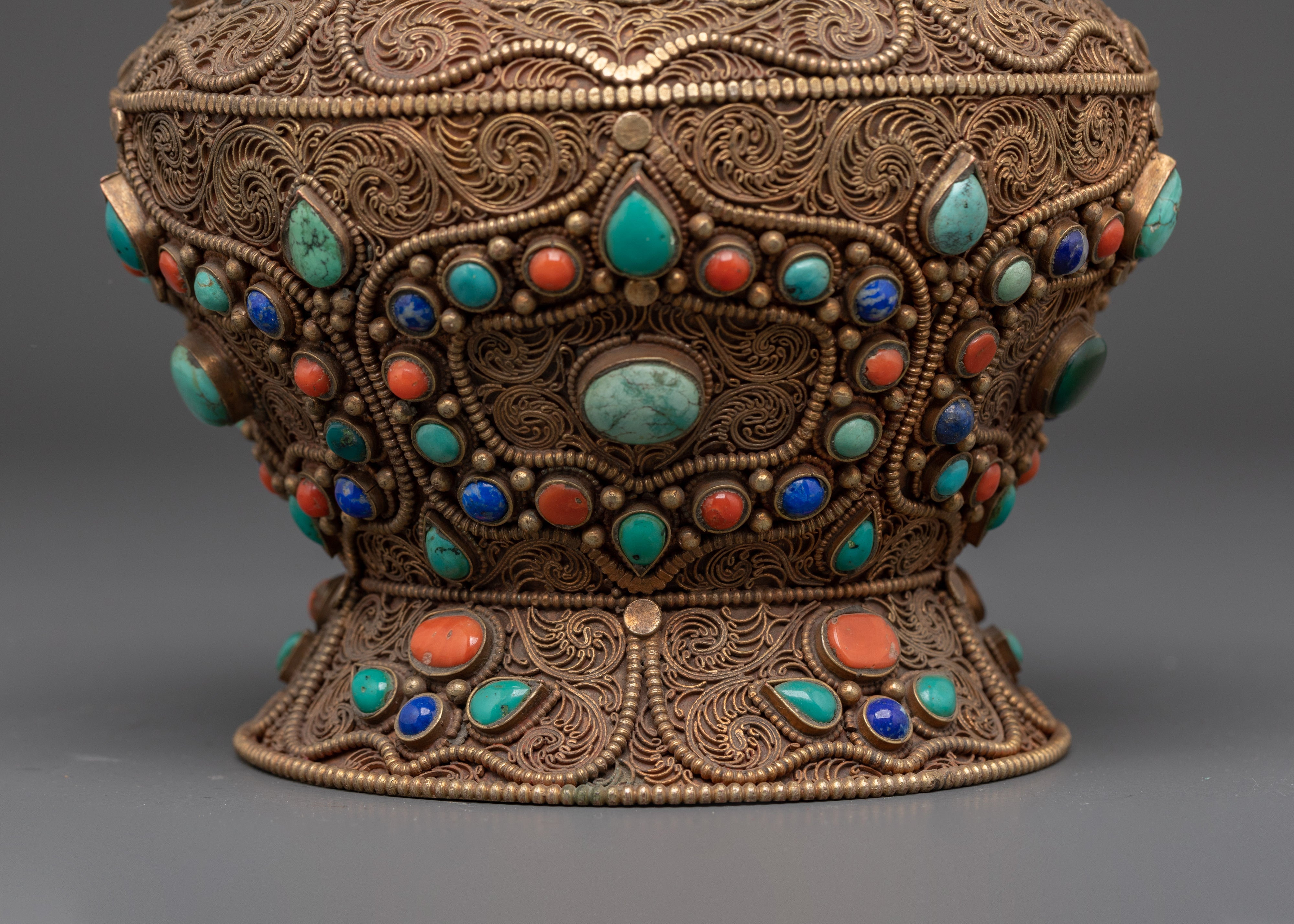 Traditional Handcrafted Tibetan Rice Pot | Copper and Gold Plated with Turquoise Inlay