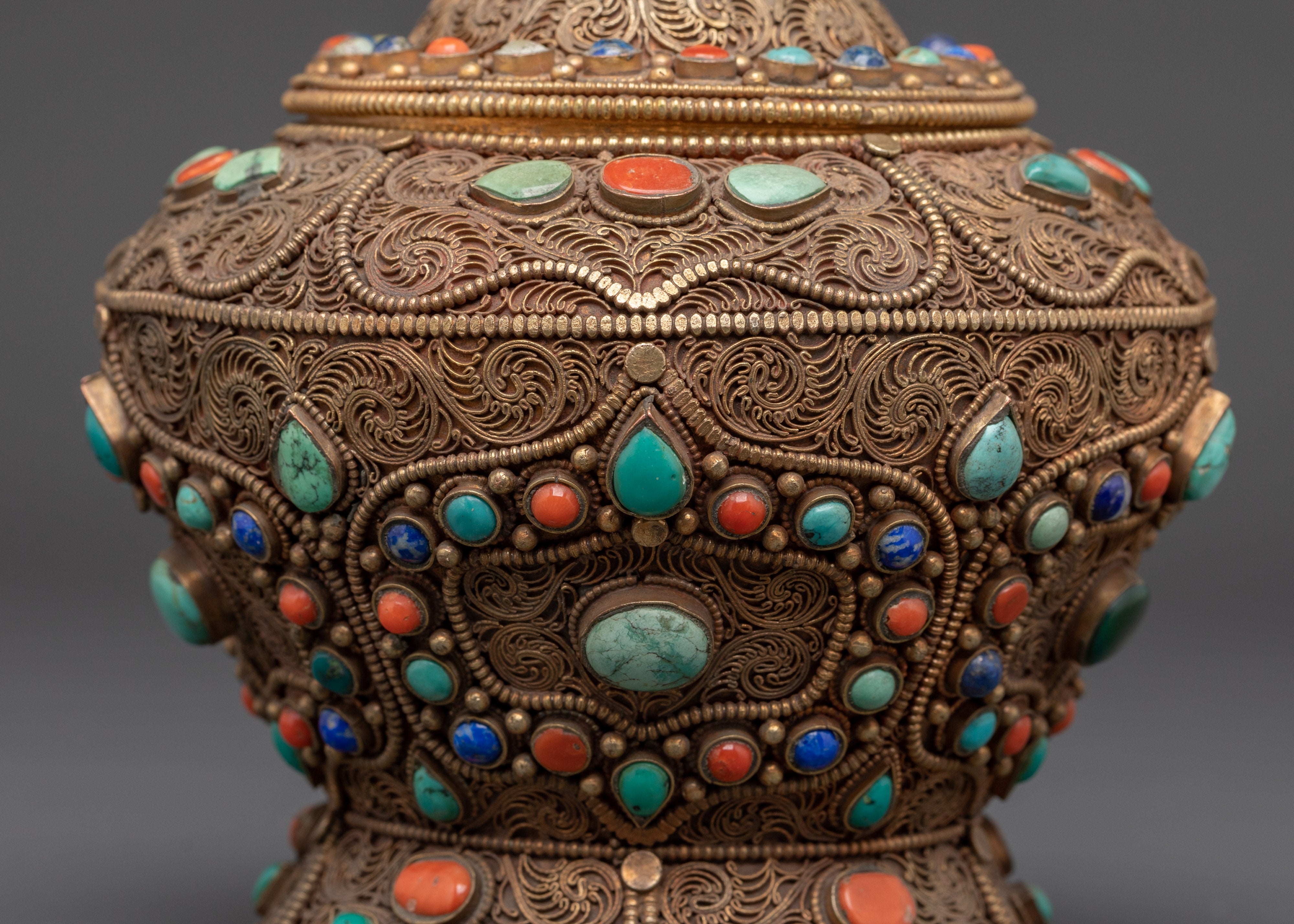 Traditional Handcrafted Tibetan Rice Pot | Copper and Gold Plated with Turquoise Inlay