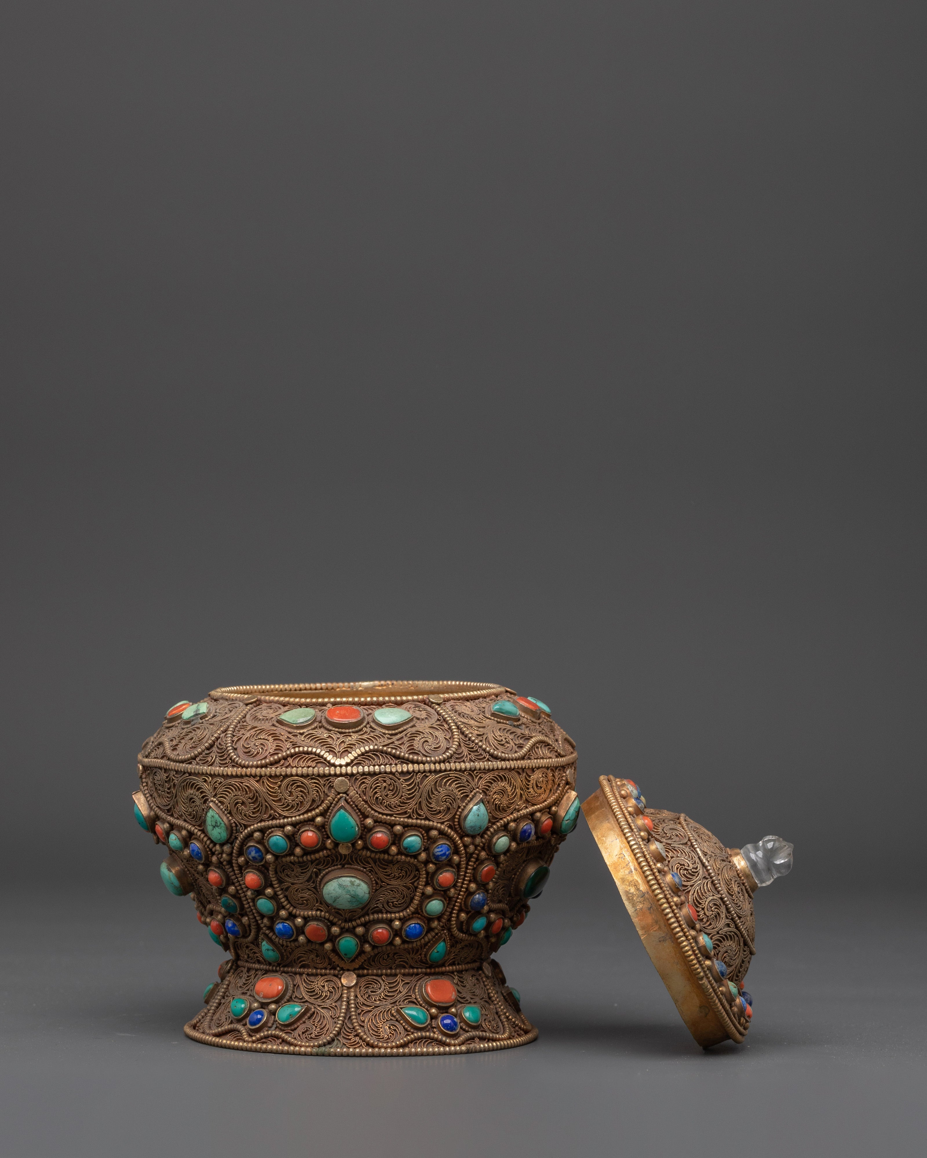 Traditional Handcrafted Tibetan Rice Pot | Copper and Gold Plated with Turquoise Inlay