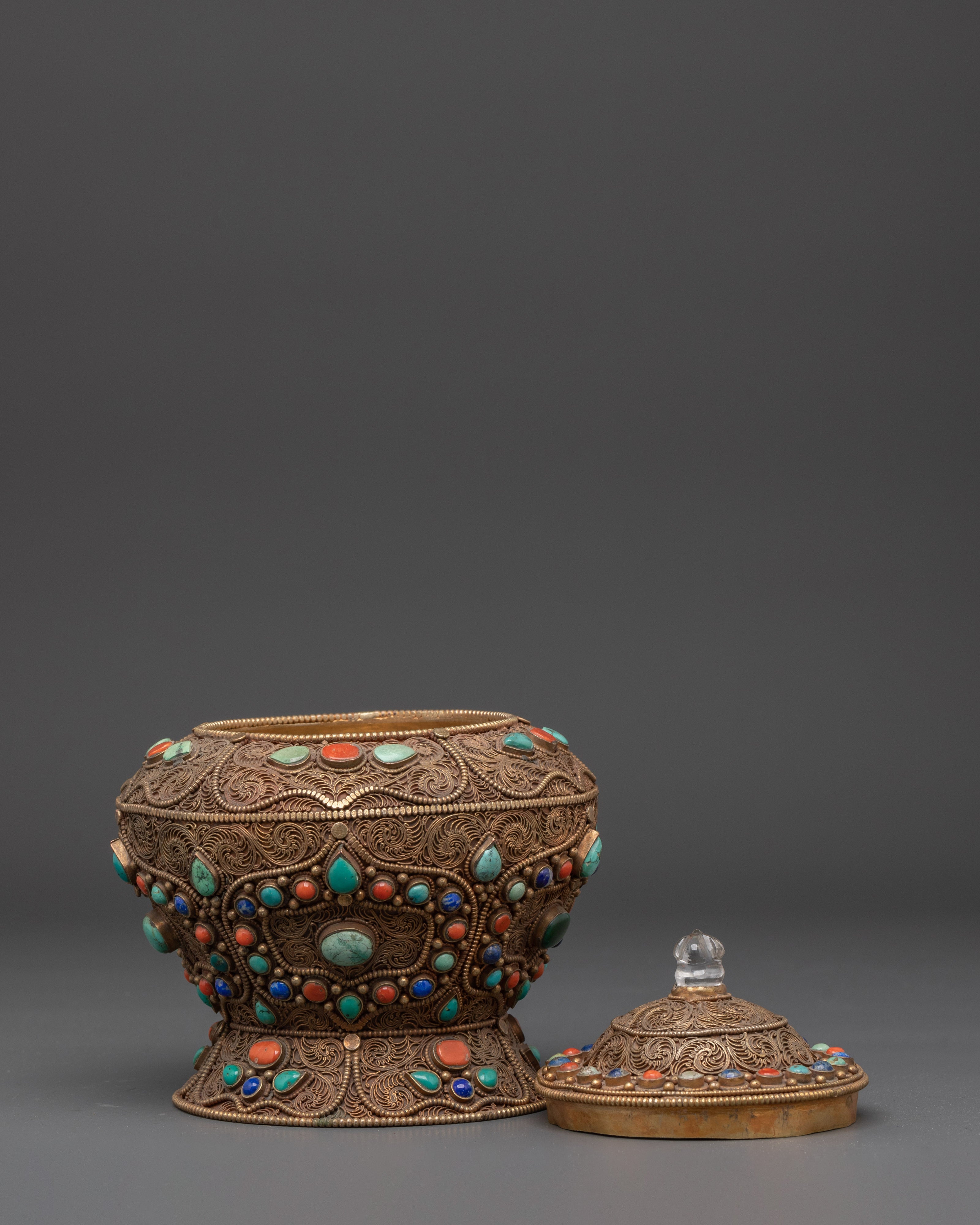 Traditional Handcrafted Tibetan Rice Pot | Copper and Gold Plated with Turquoise Inlay