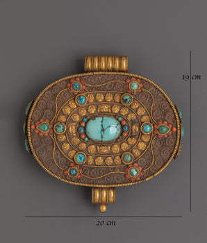 Tibetan Gold Plated Ghau Box Locket | Filigree Work with Turquoise