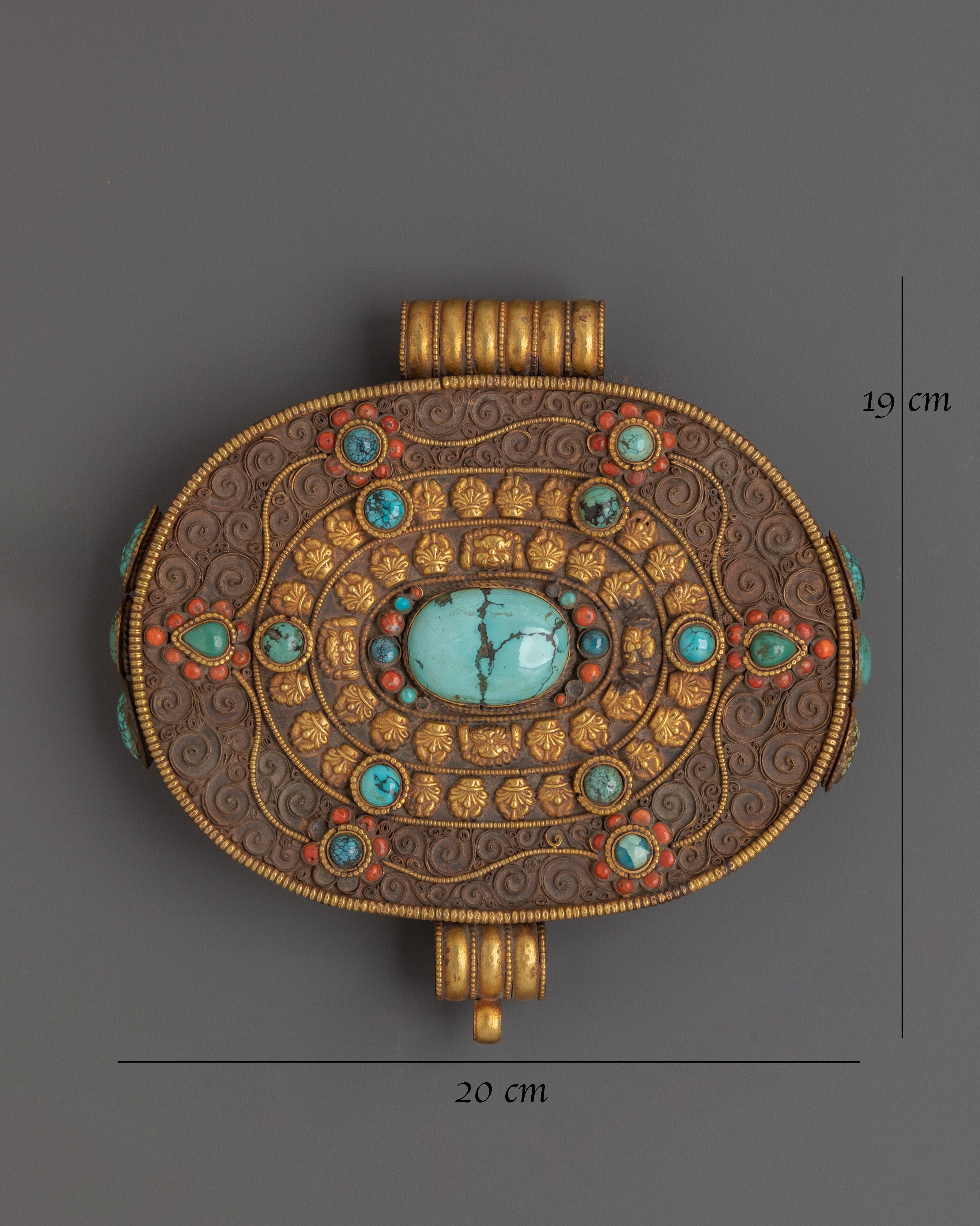 Tibetan Gold Plated Ghau Box Locket | Filigree Work with Turquoise