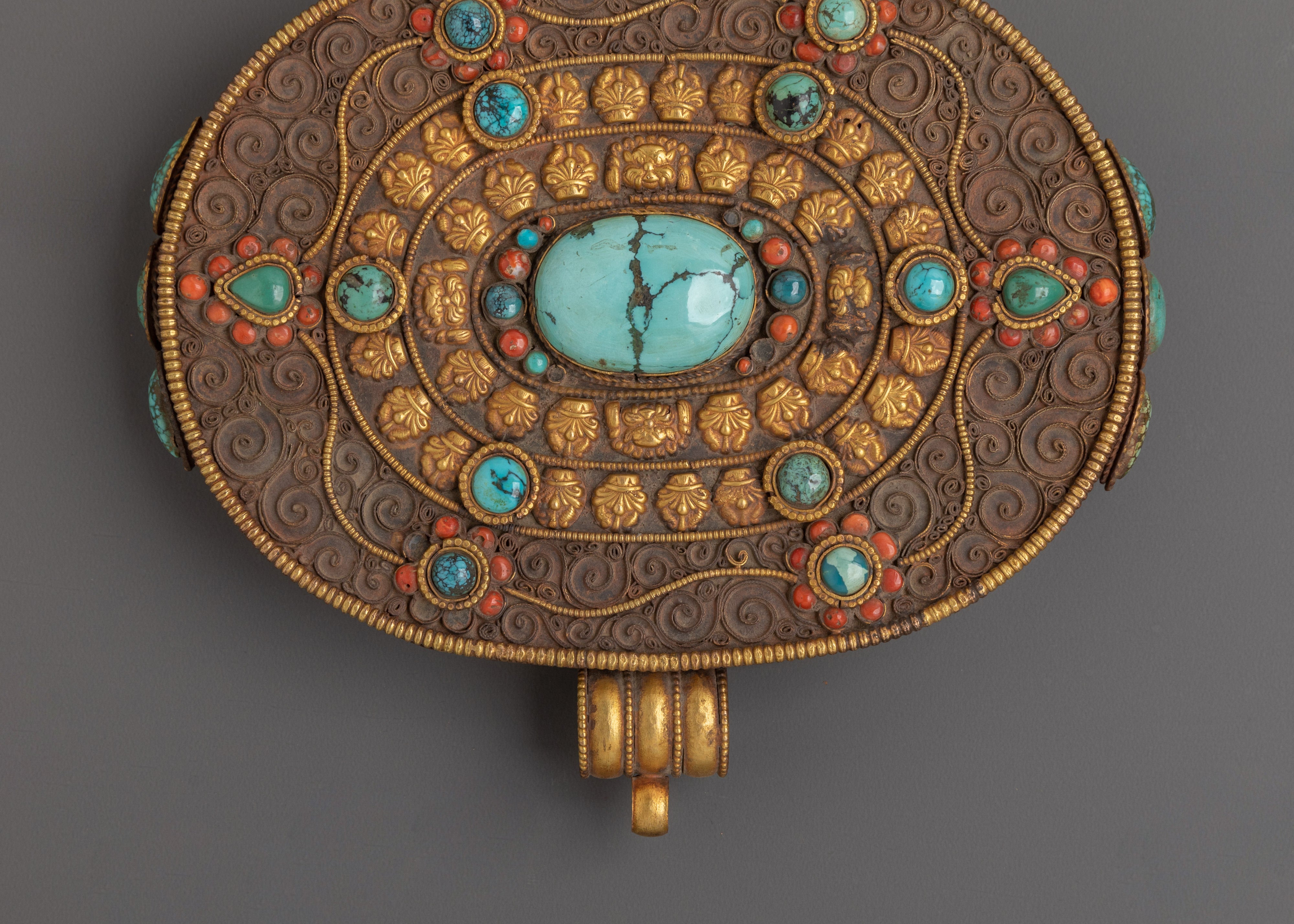 Tibetan Gold Plated Ghau Box Locket | Filigree Work with Turquoise
