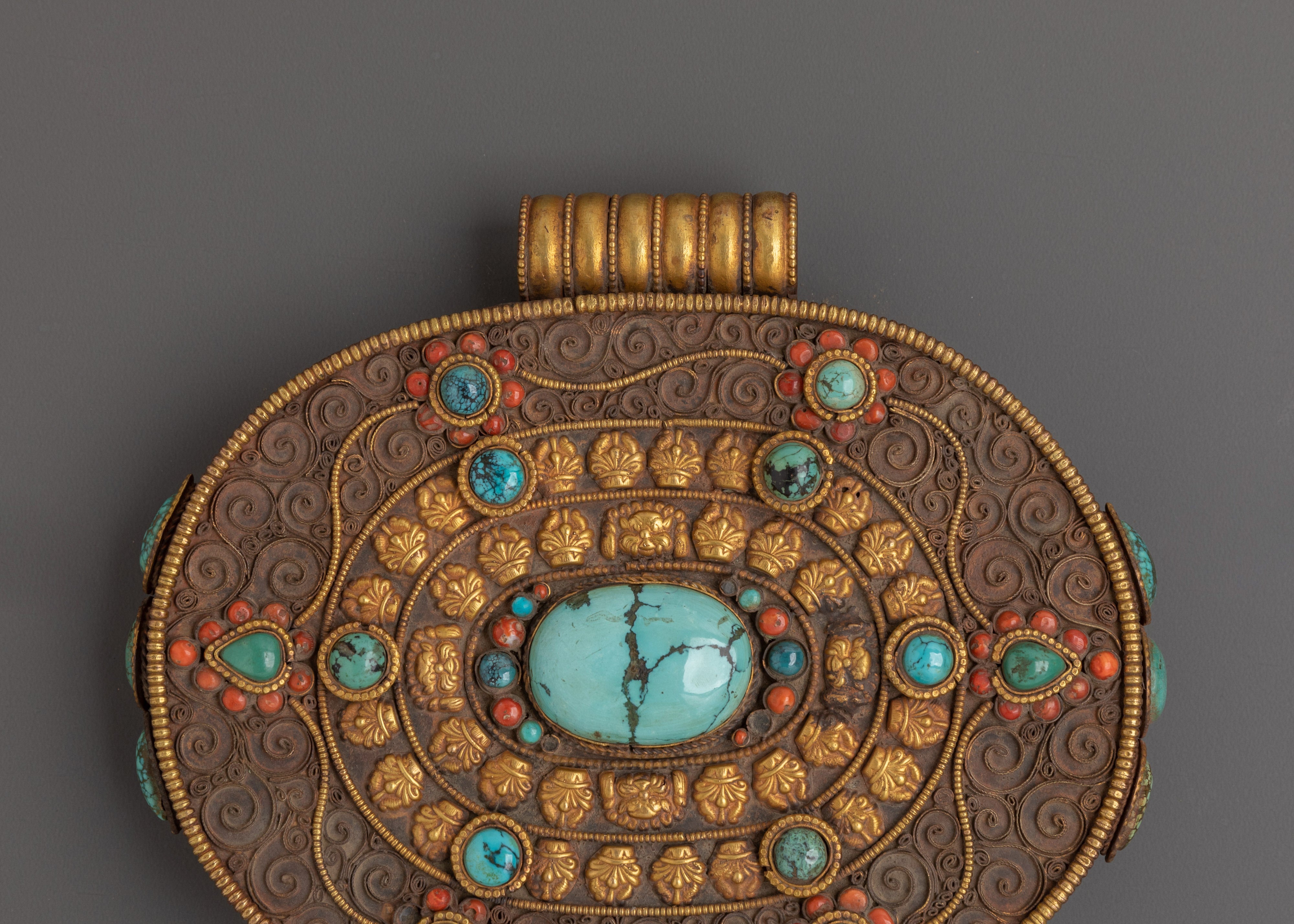 Tibetan Gold Plated Ghau Box Locket | Filigree Work with Turquoise