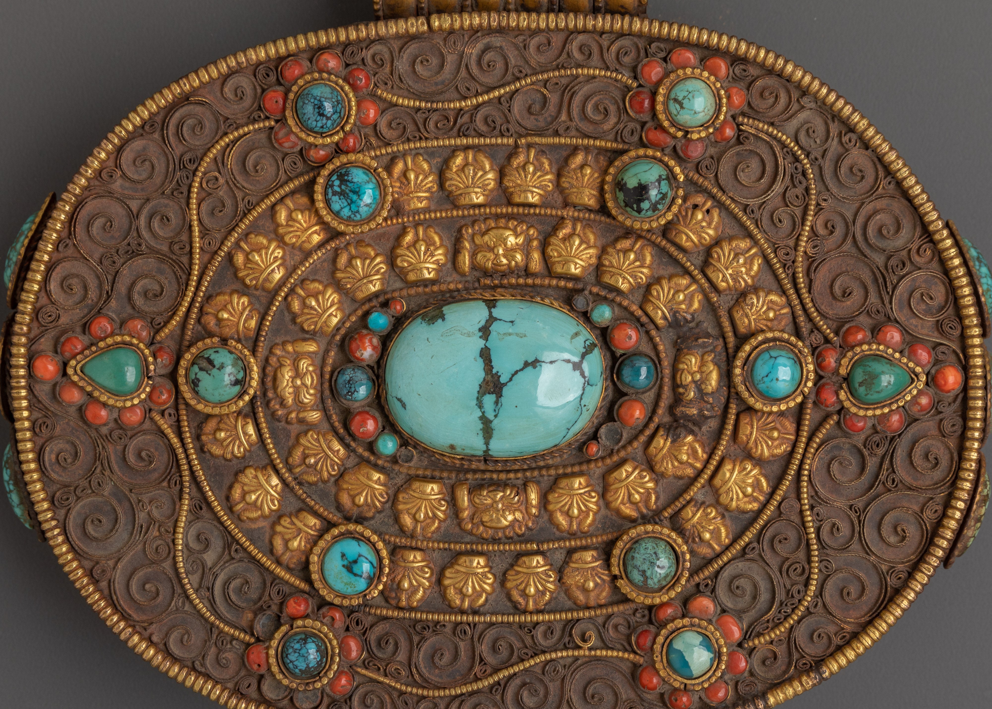 Tibetan Gold Plated Ghau Box Locket | Filigree Work with Turquoise