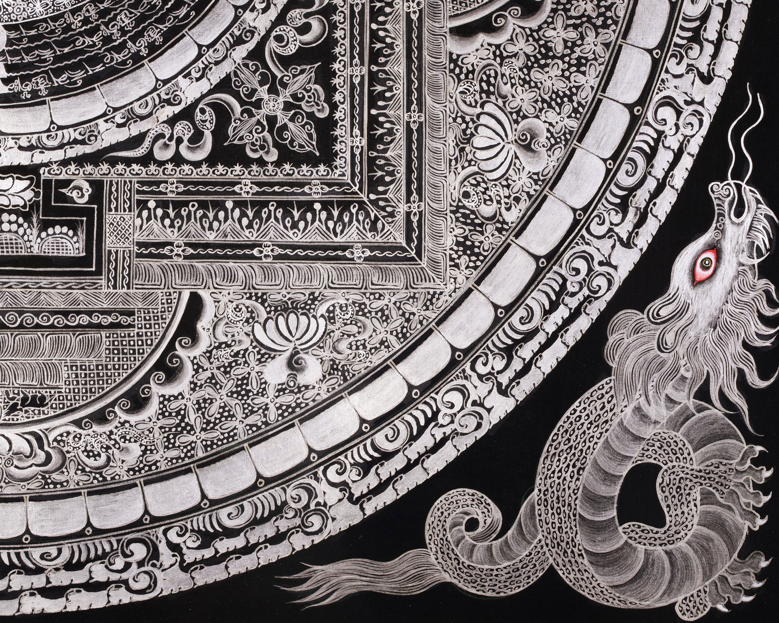 Giclée Mantra Mandala Print | Mythical Creatures, Concentric Circles, and Protective Mantras