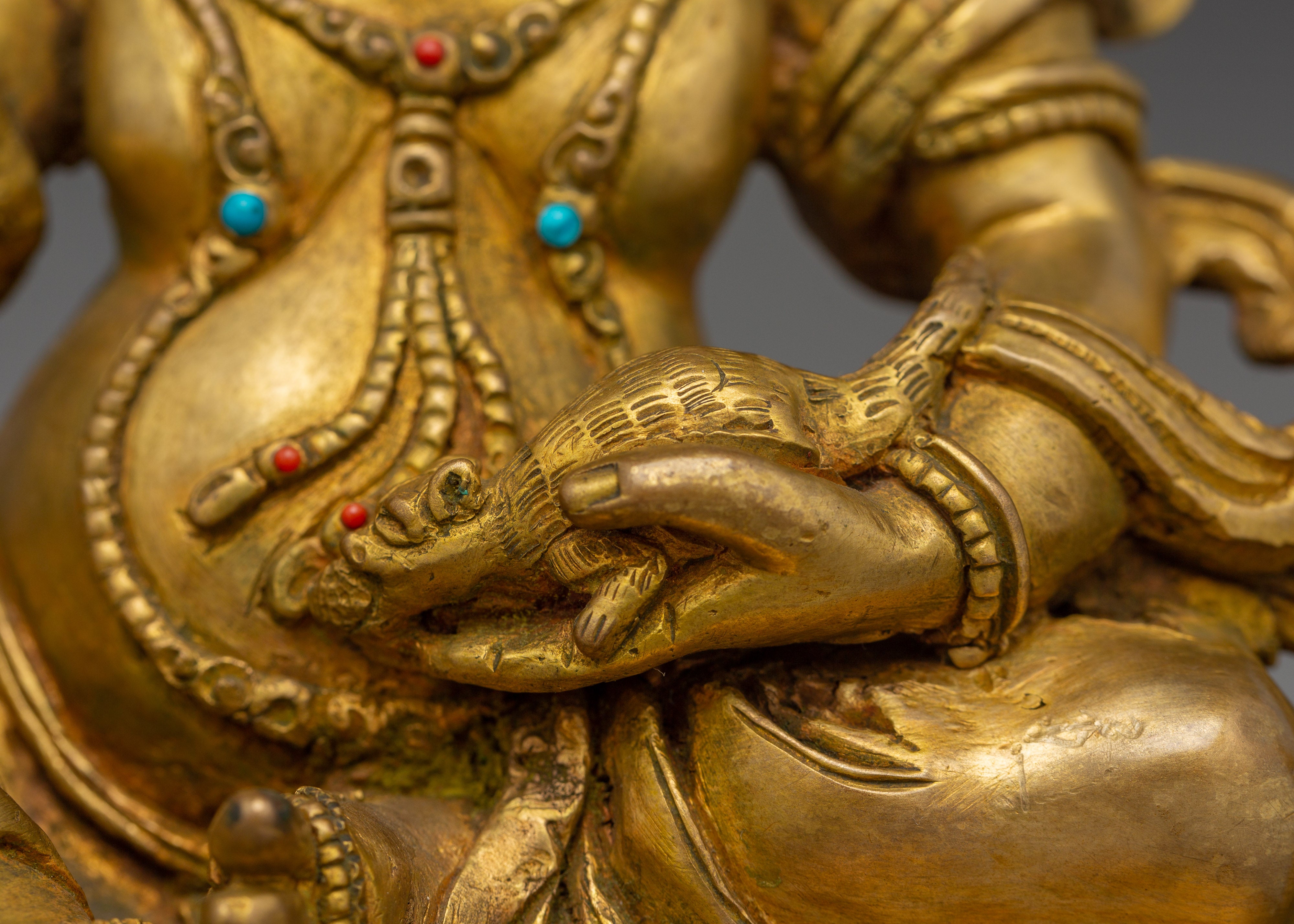Wealth Icon Dzambhala Handmade Statue | Copper Body, Gold Gilded, Acrylic Color