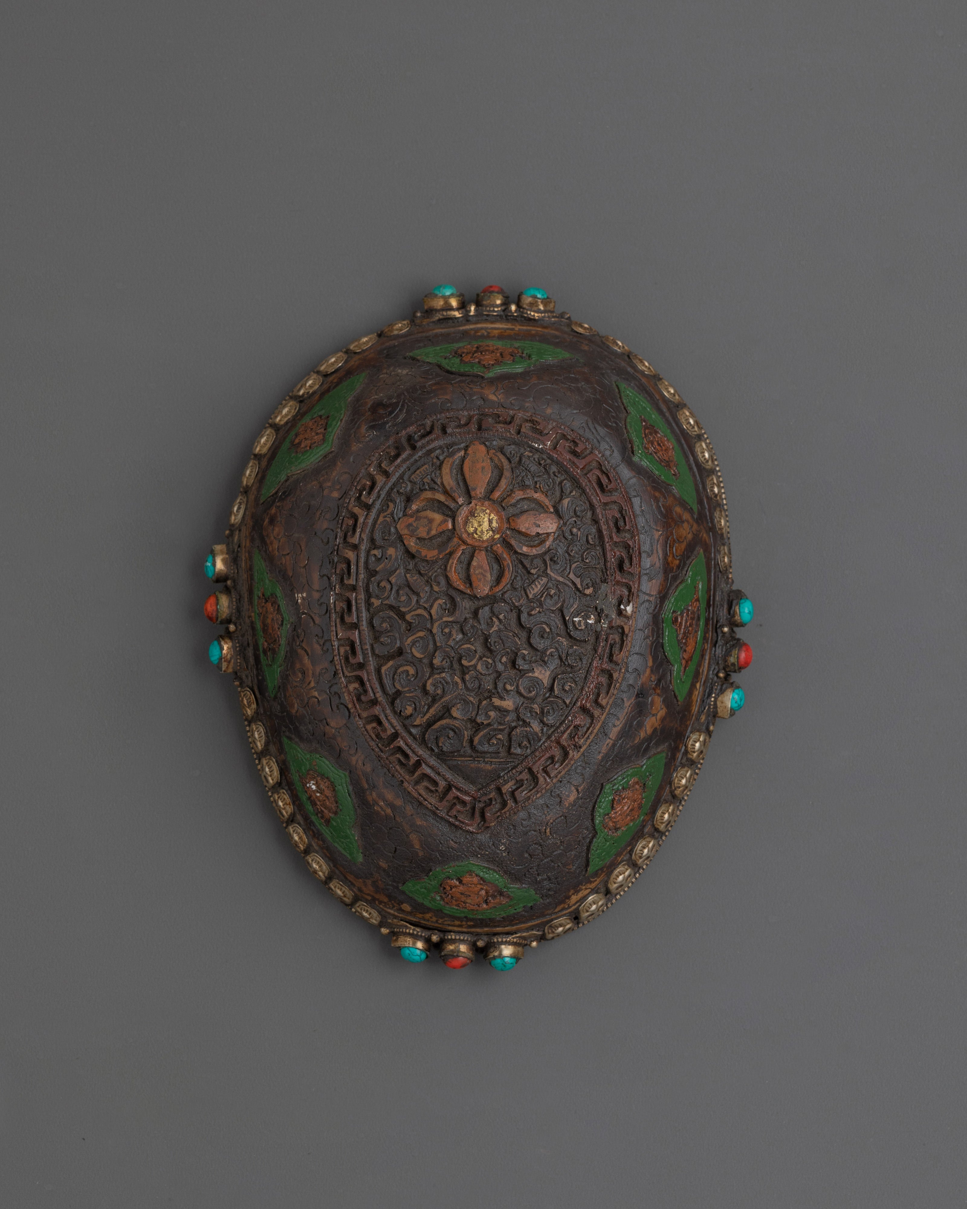 Handcrafted Brass Kapala for Offerings | Tibetan Bowl with Coral and Turquoise Stones