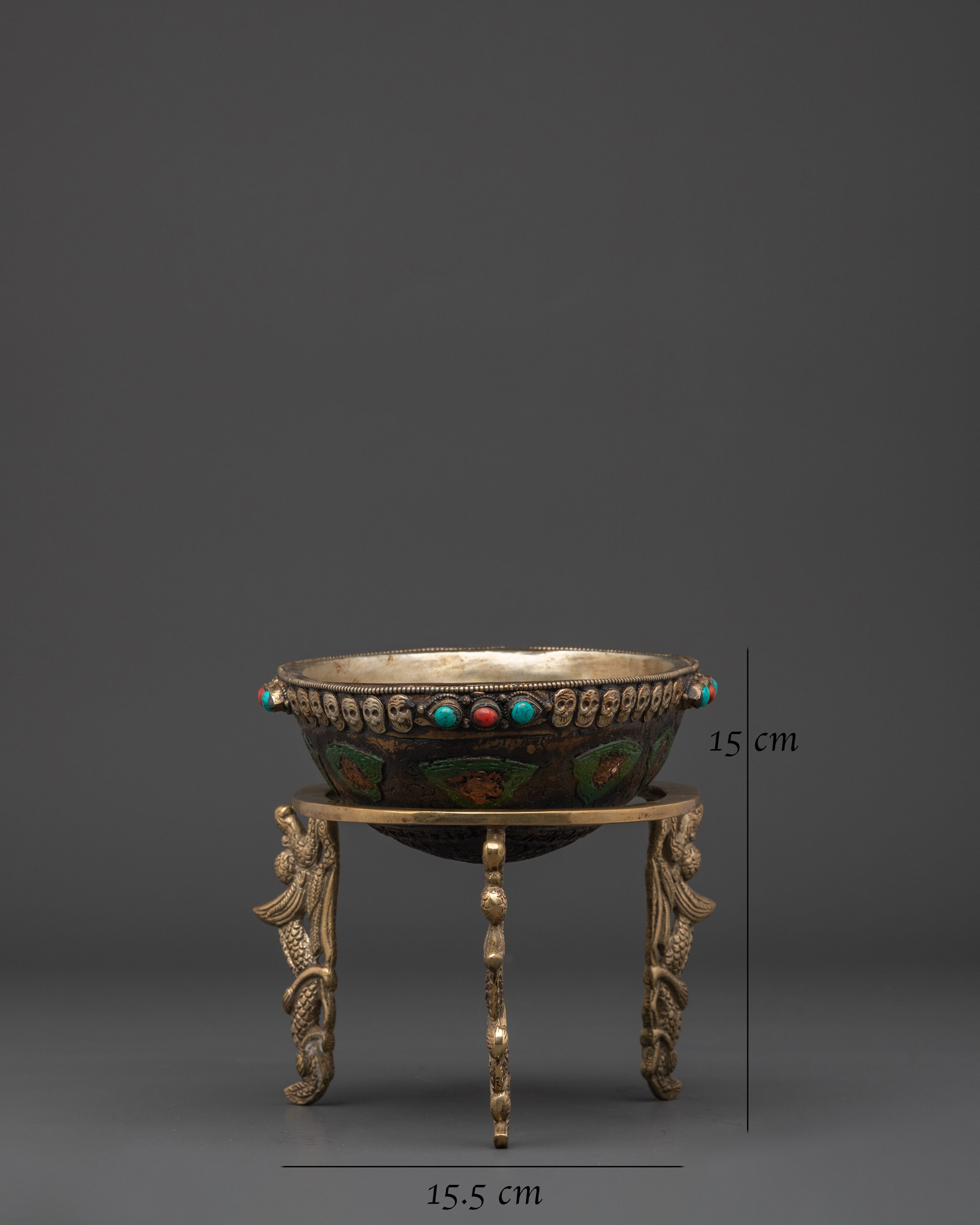 Handcrafted Brass Kapala for Offerings | Tibetan Bowl with Coral and Turquoise Stones