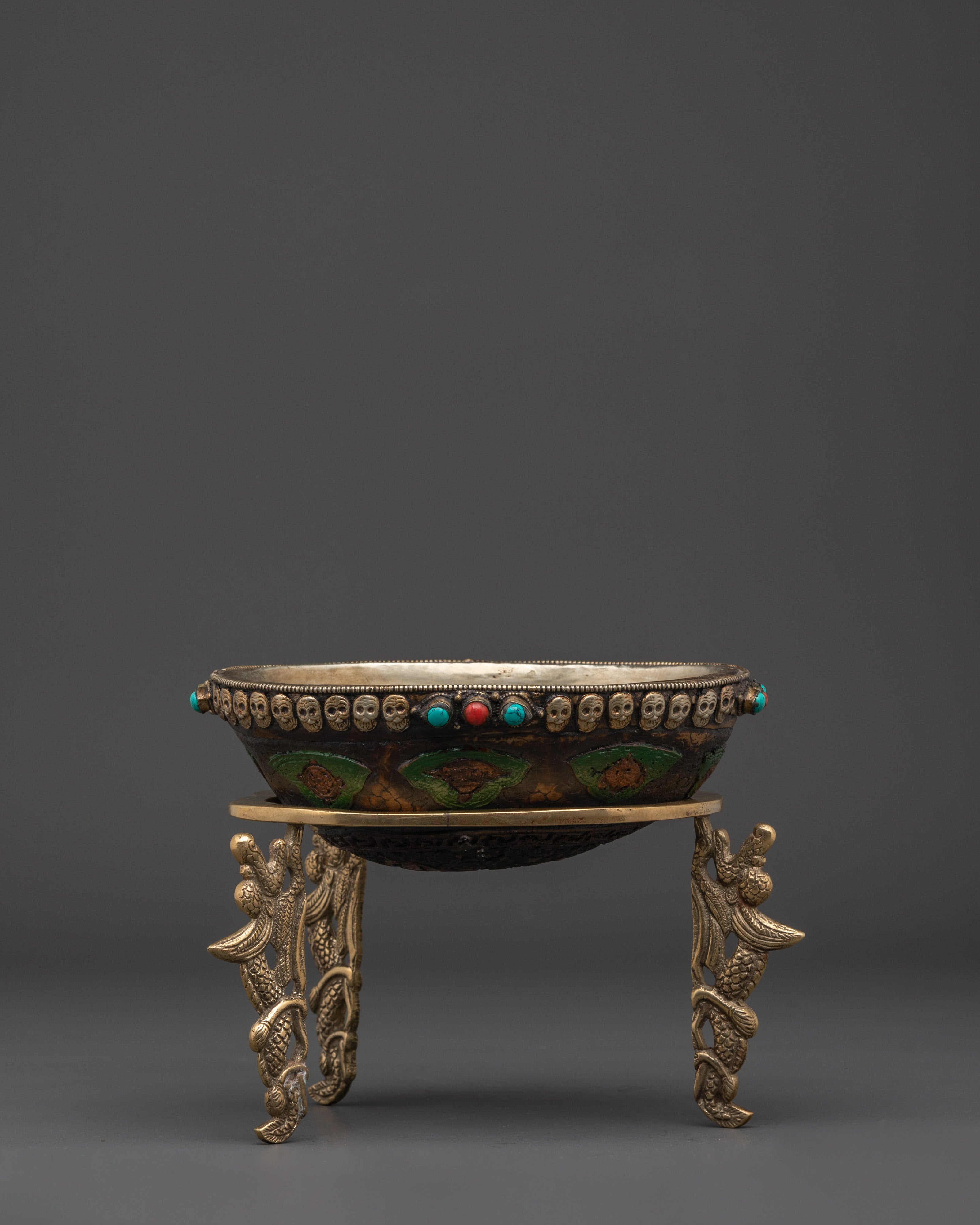 Handcrafted Brass Kapala for Offerings | Tibetan Bowl with Coral and Turquoise Stones