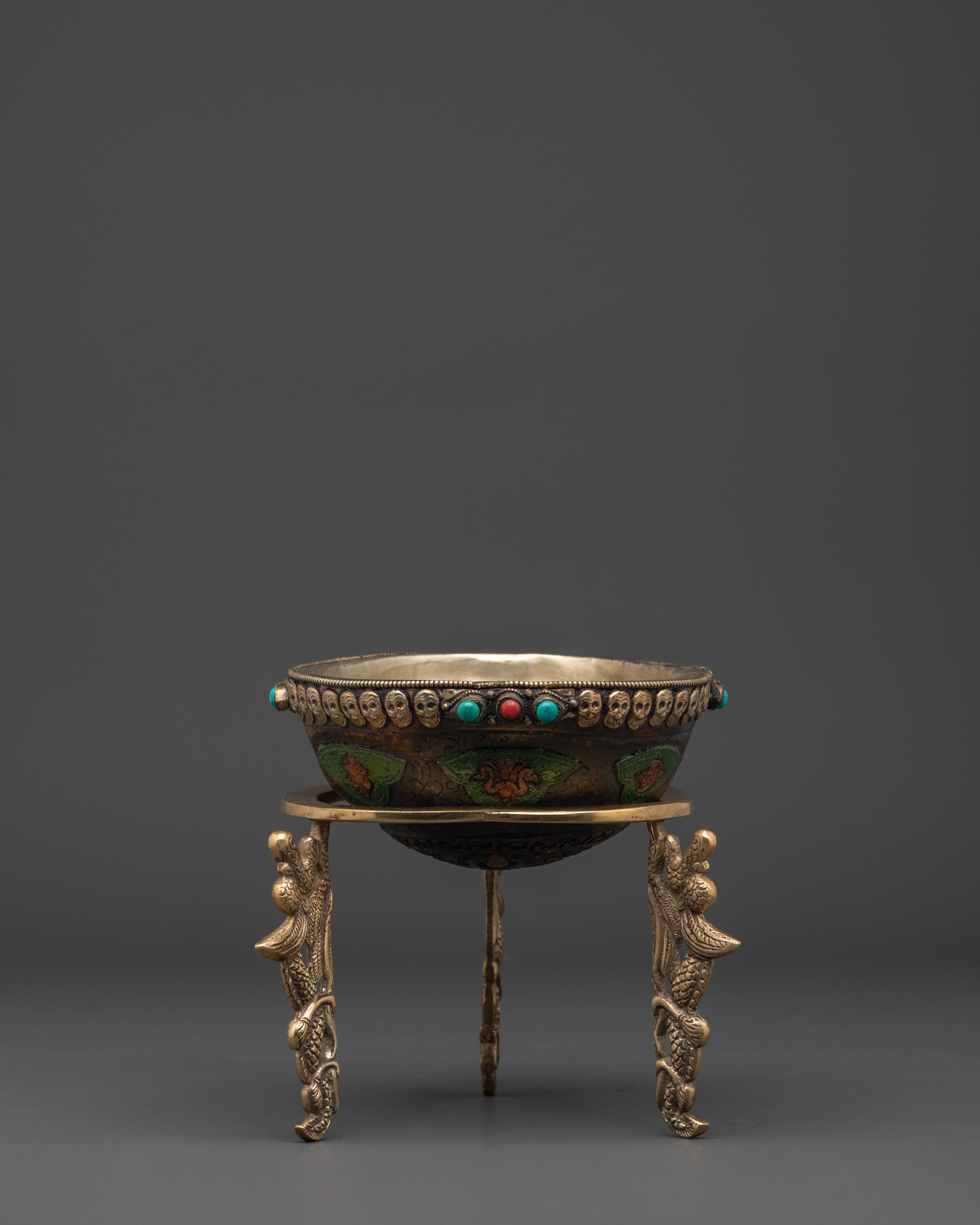 Handcrafted Brass Kapala for Offerings | Tibetan Bowl with Coral and Turquoise Stones