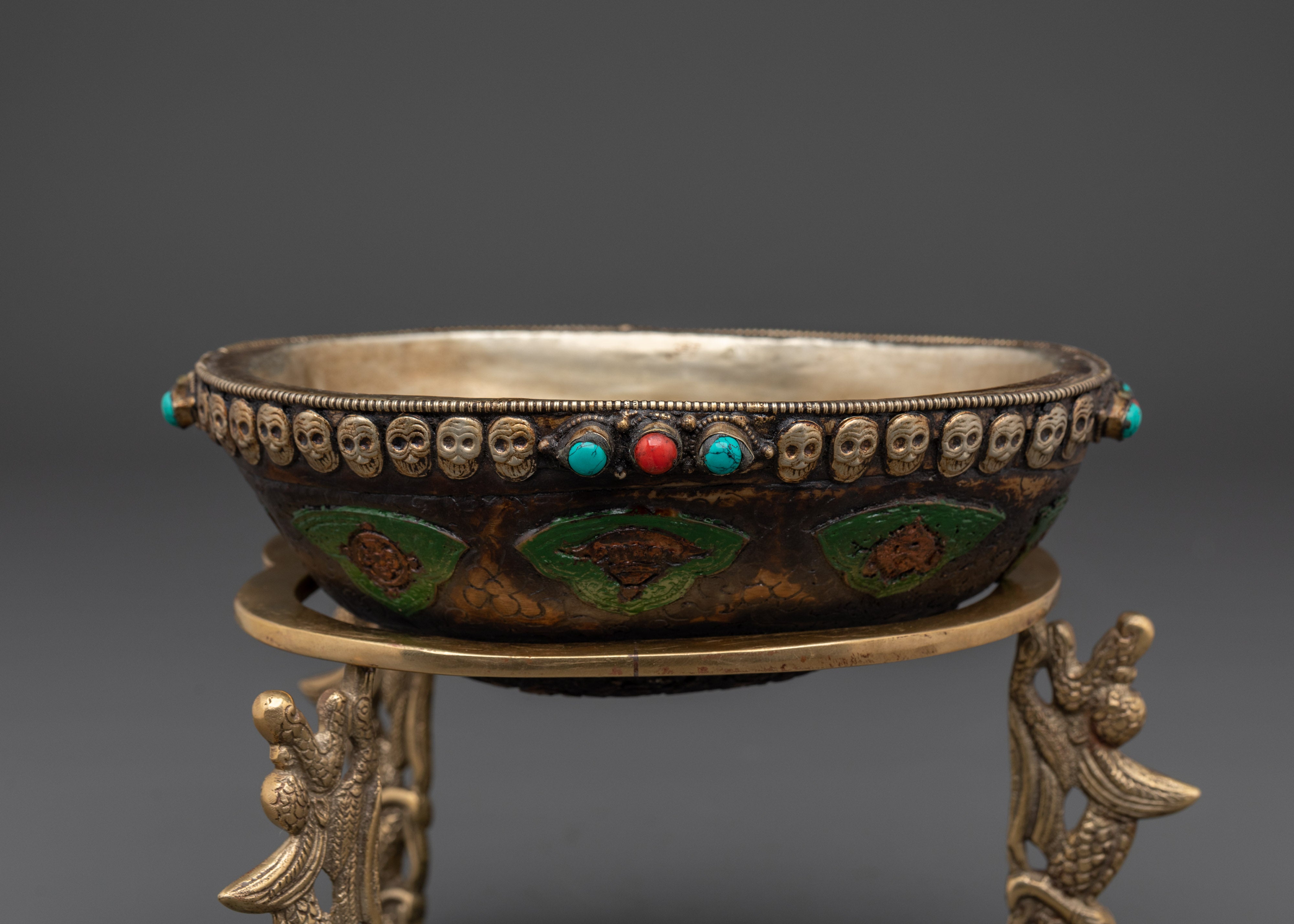 Handcrafted Brass Kapala for Offerings | Tibetan Bowl with Coral and Turquoise Stones