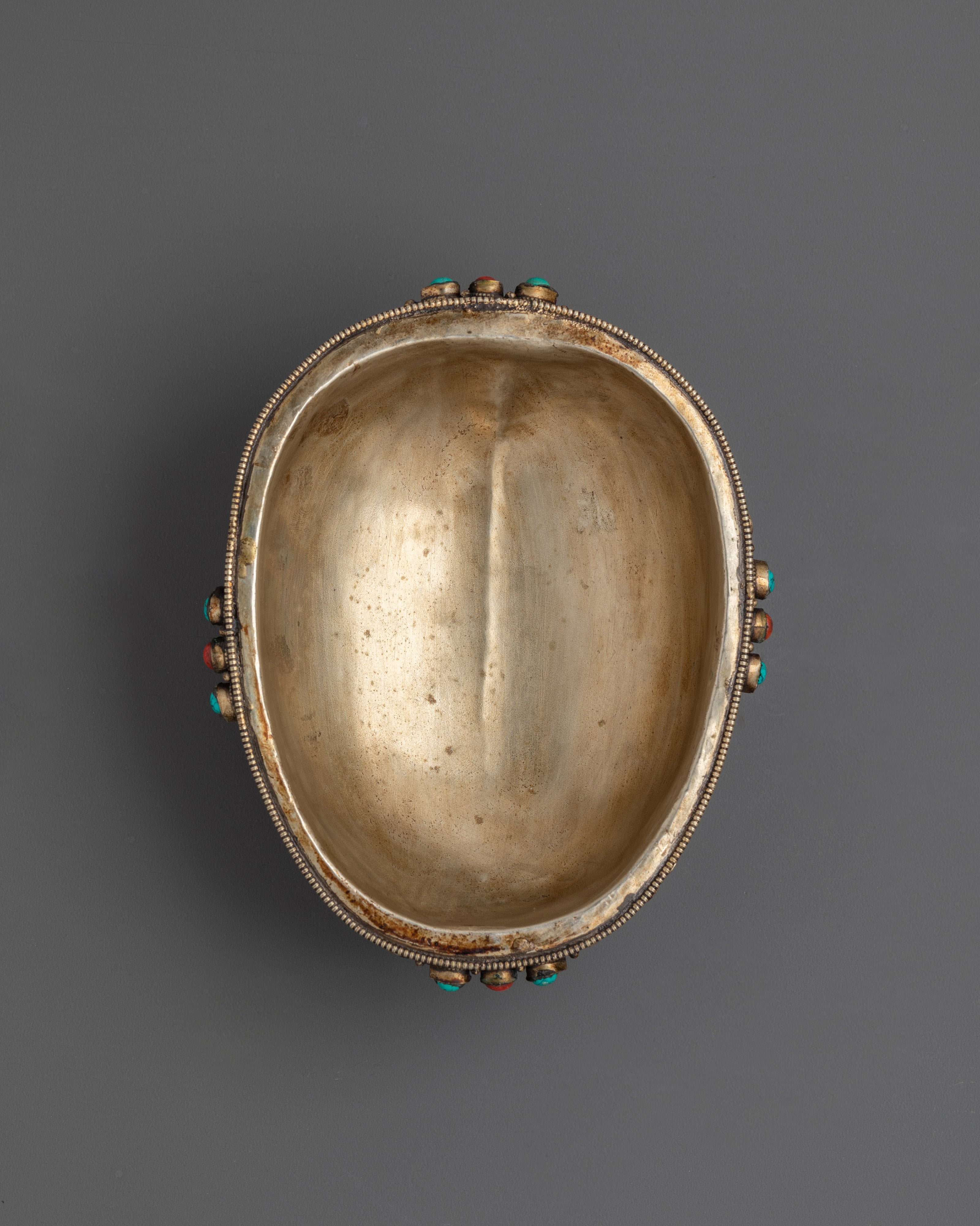 Handcrafted Brass Kapala for Offerings | Tibetan Bowl with Coral and Turquoise Stones