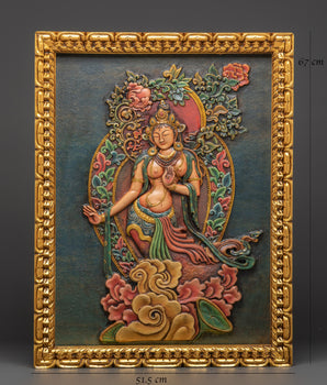 Tara Goddess Wall Hanging Relief Art | Handcrafted Tibetan Wooden Frame Decor