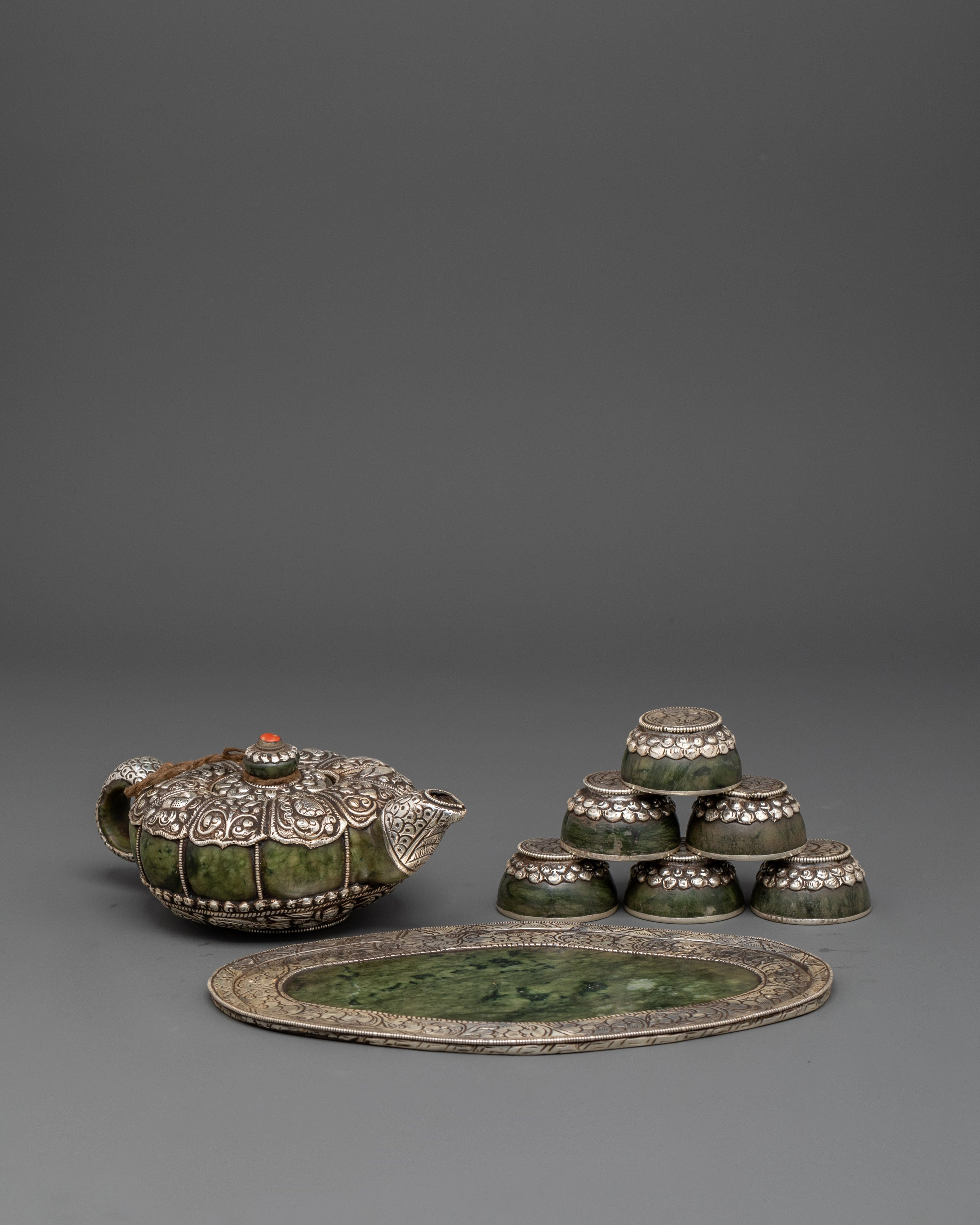 Handcrafted Tibetan Teapot & Offering Bowl Set | Green Jade & Silver Tea Set