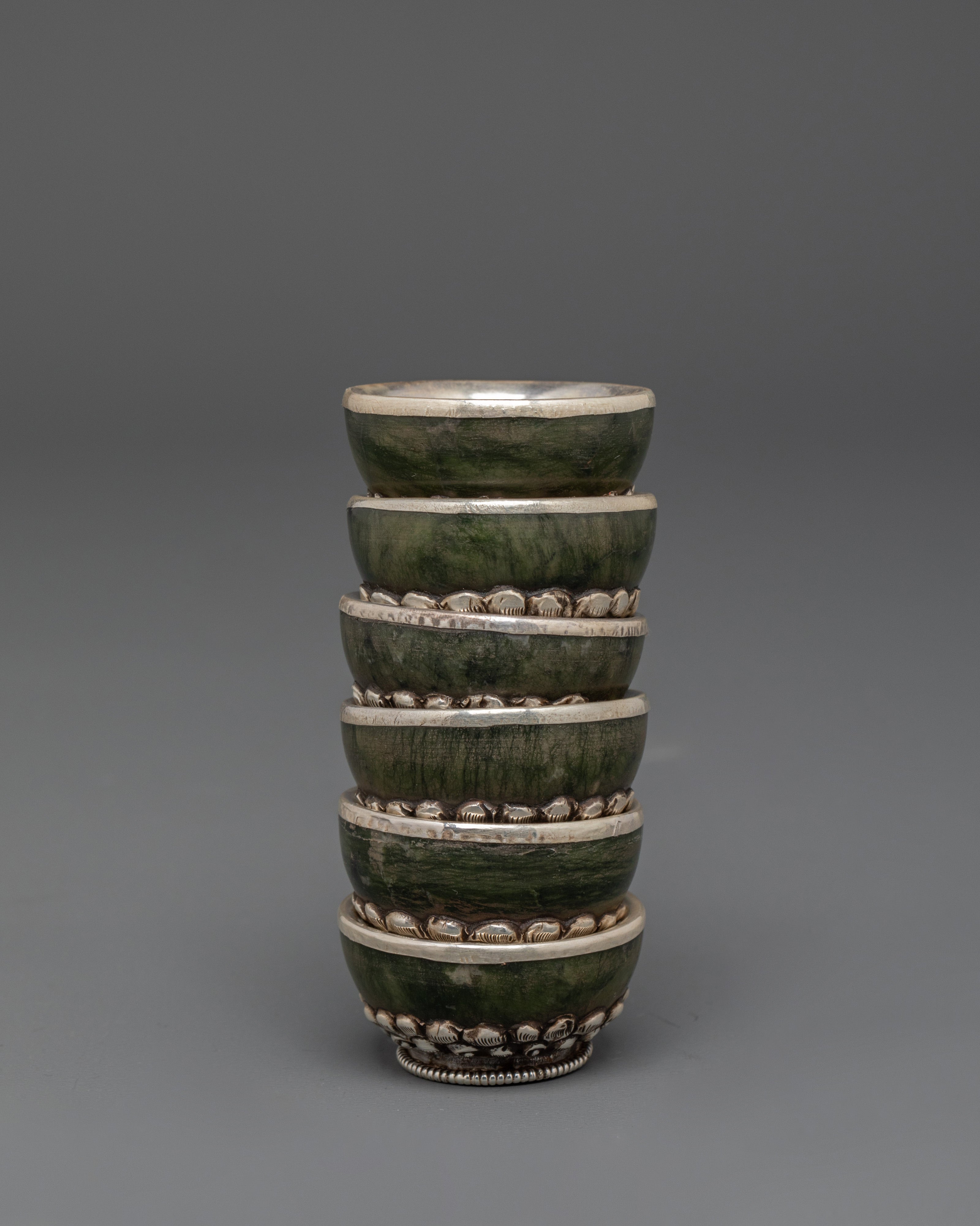 Handcrafted Tibetan Teapot & Offering Bowl Set | Green Jade & Silver Tea Set