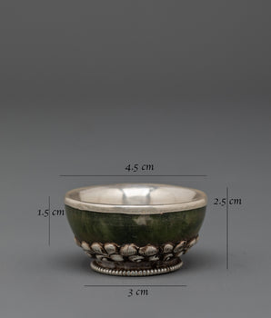 Handcrafted Tibetan Teapot & Offering Bowl Set | Green Jade & Silver Tea Set
