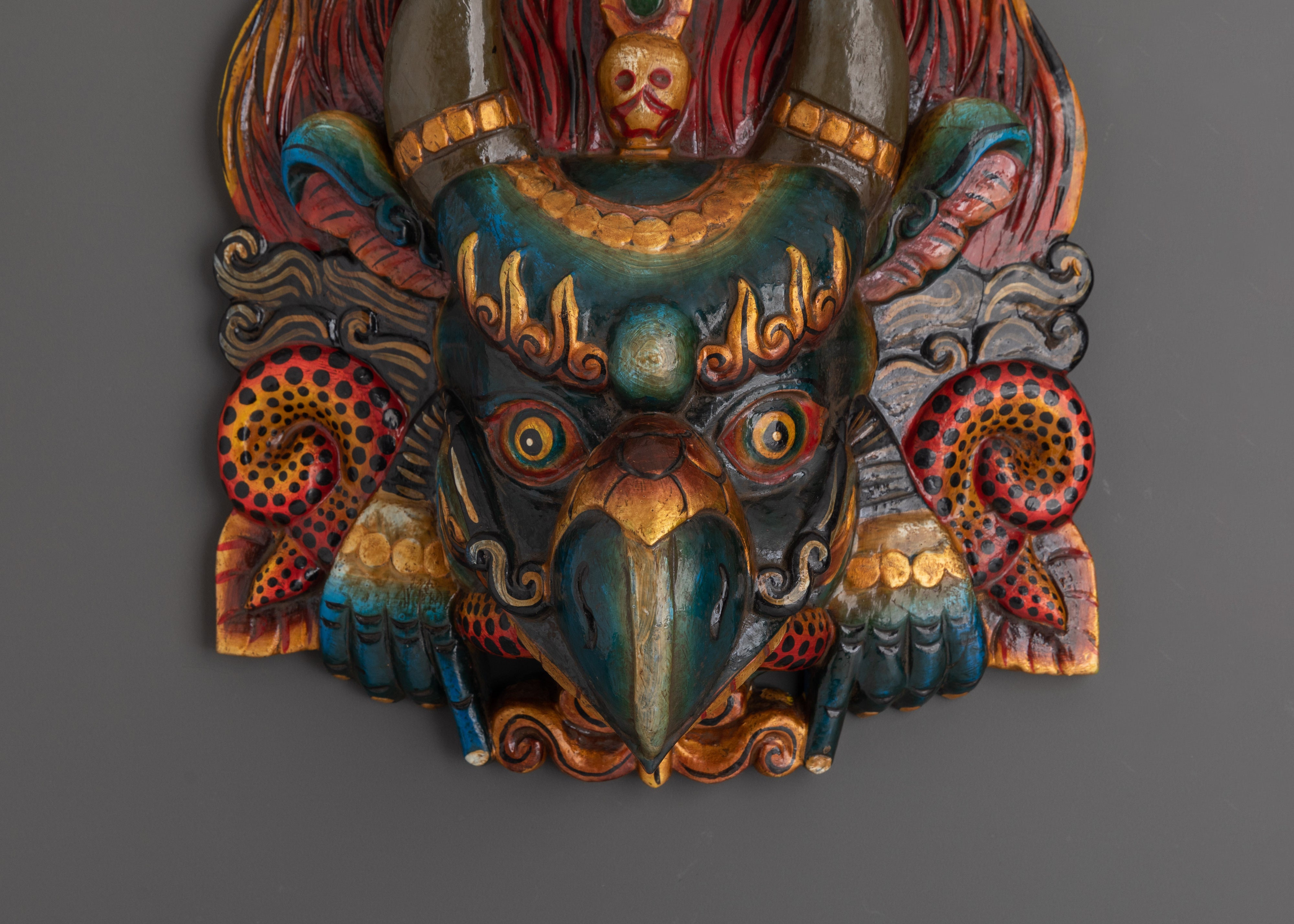Sacred Wooden Garuda Mask Wall Hanging | Tibetan Home Decor