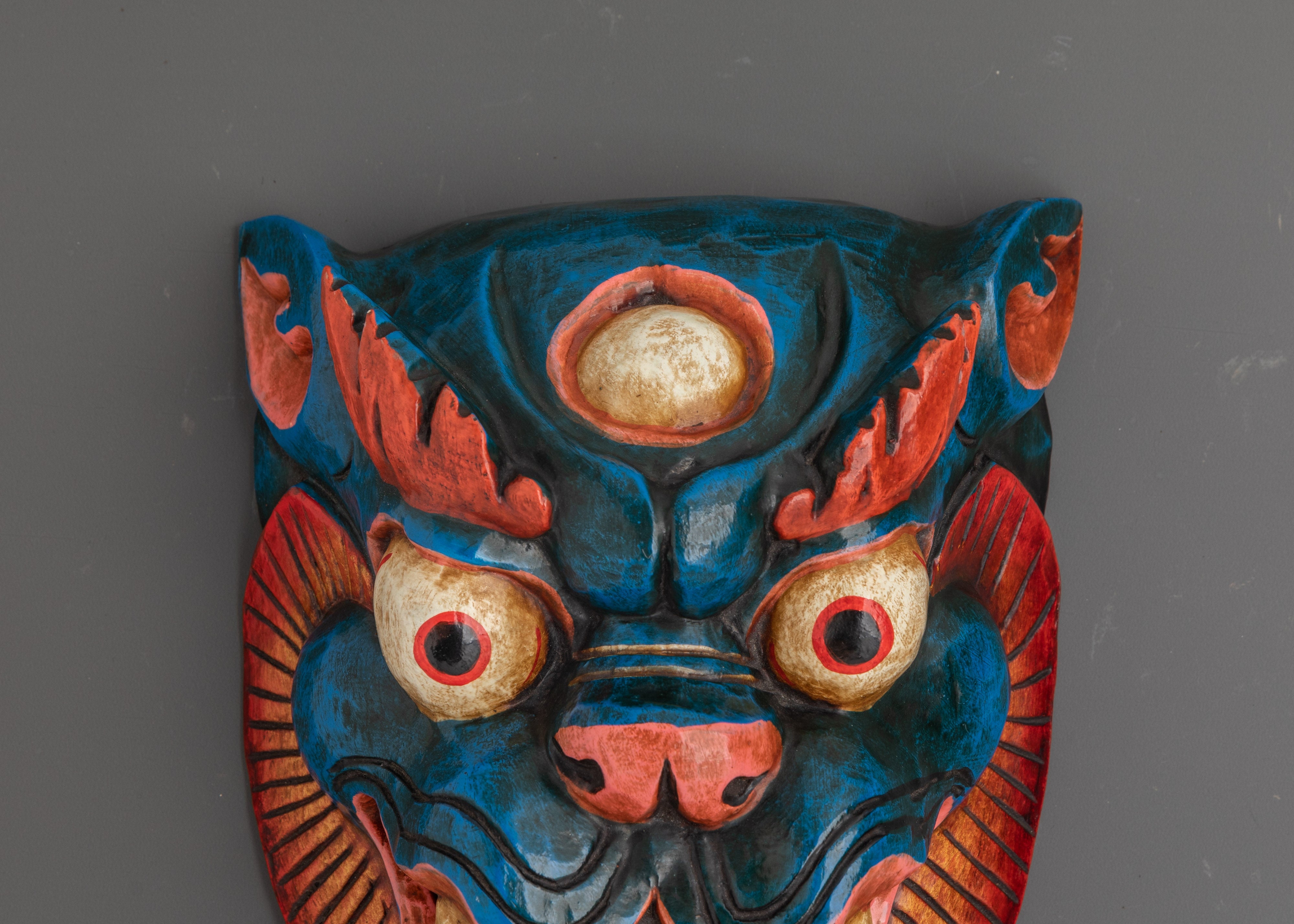 Buddhist Wooden Mask Hanging Of Snow Lion | Tibetan Spiritual Protector