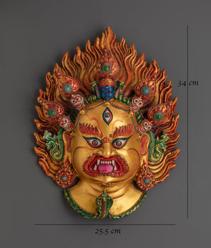 Hand-Carved Bhairava Wooden Wall Hanging | Acrylic Painted Buddhist Protector Mask