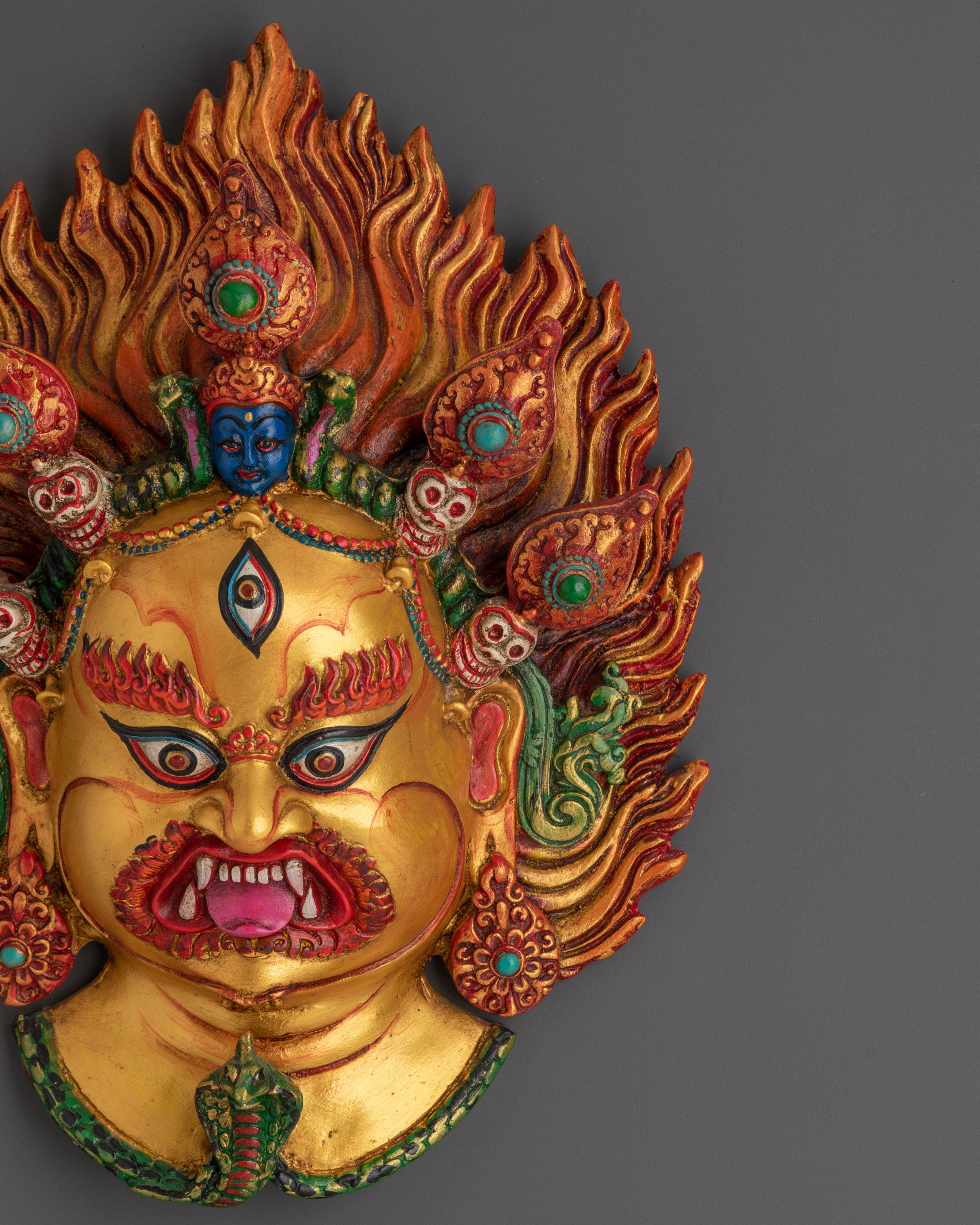 Hand-Carved Bhairava Wooden Wall Hanging | Acrylic Painted Buddhist Protector Mask