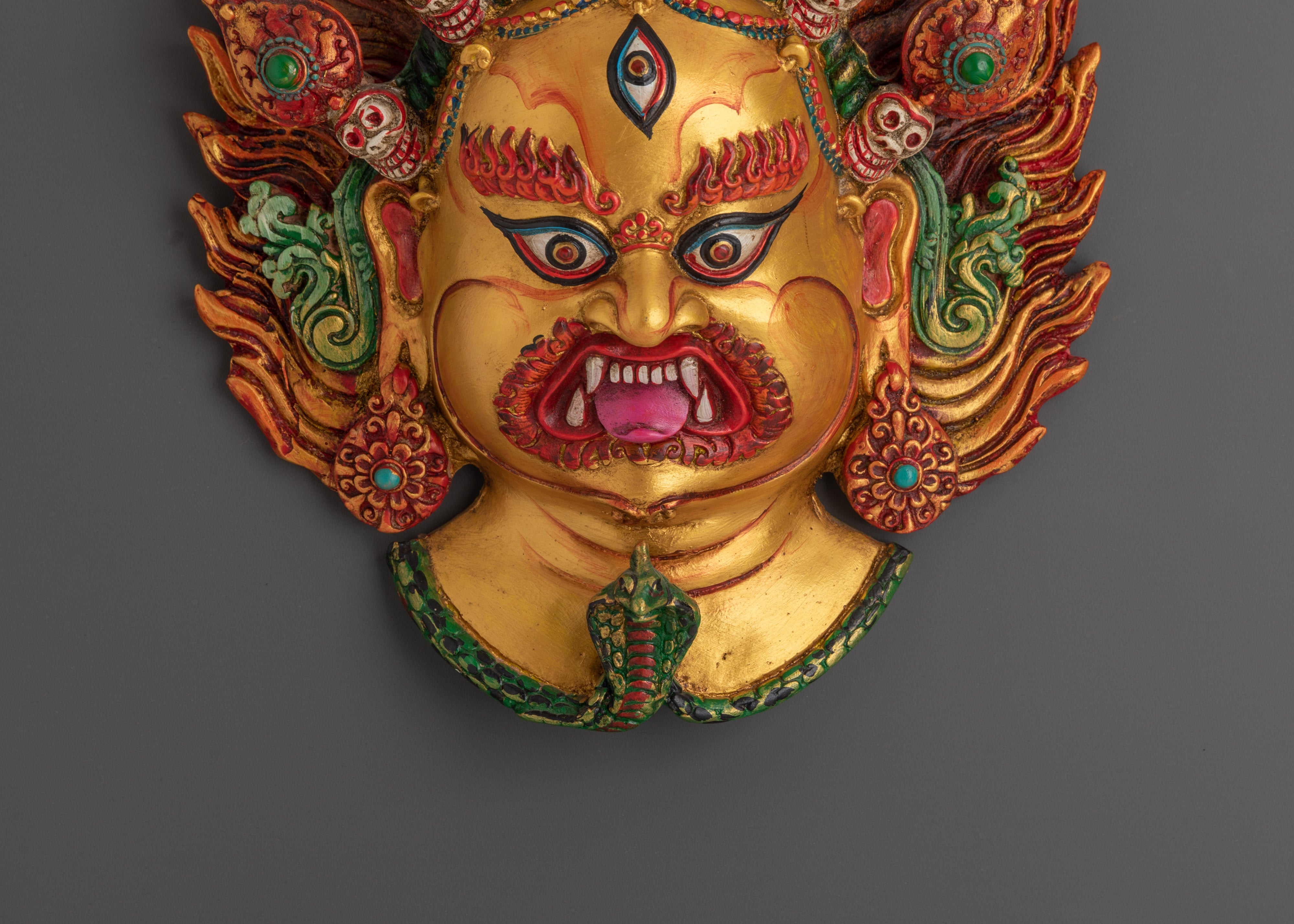 Hand-Carved Bhairava Wooden Wall Hanging | Acrylic Painted Buddhist Protector Mask
