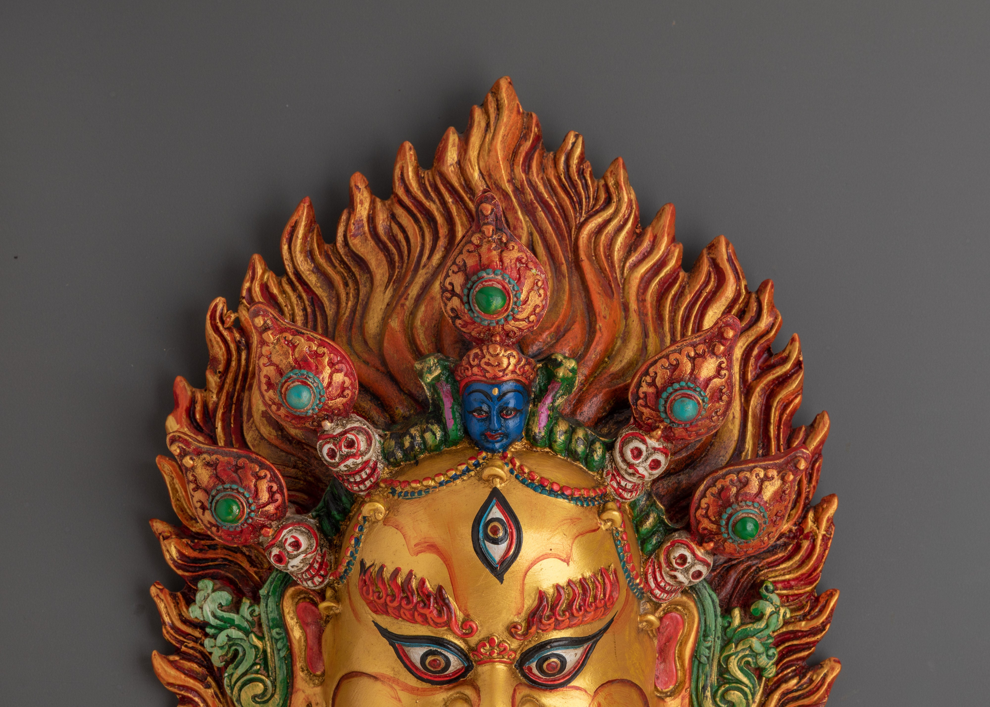 Hand-Carved Bhairava Wooden Wall Hanging | Acrylic Painted Buddhist Protector Mask