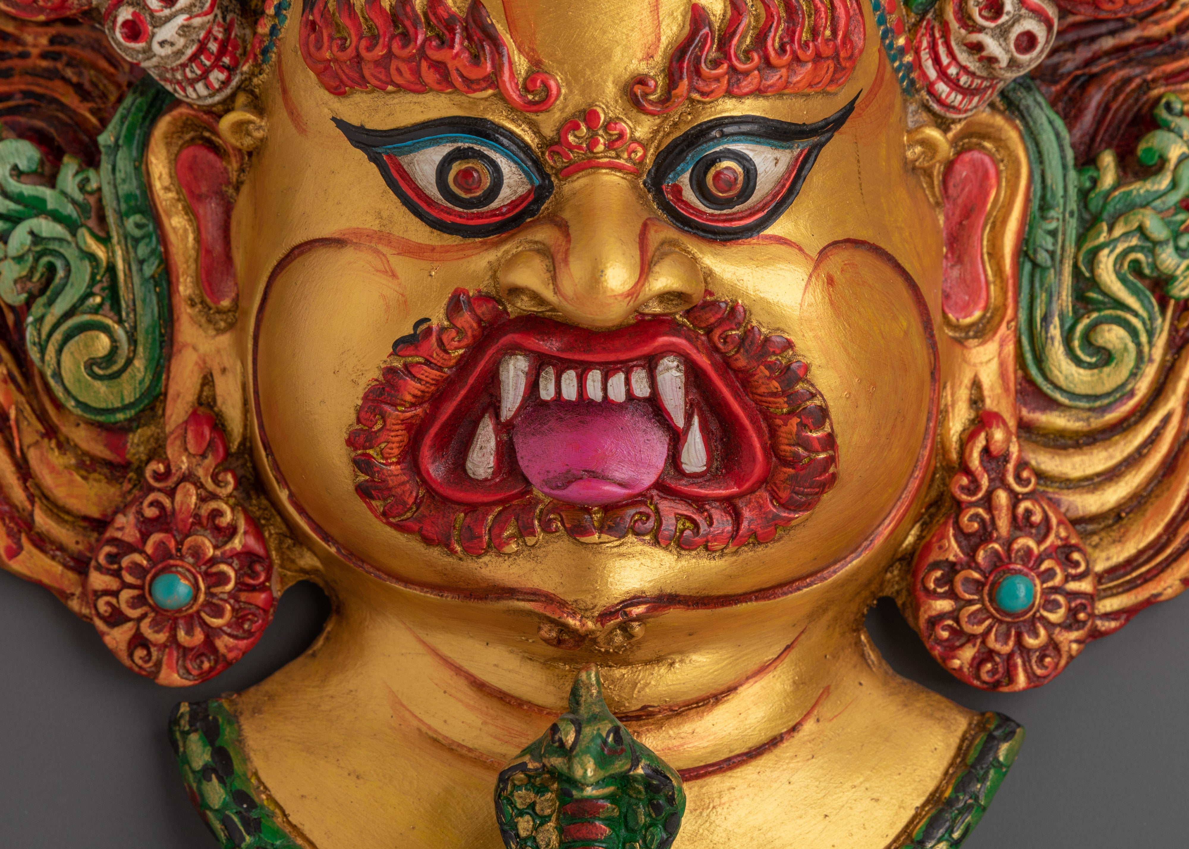 Hand-Carved Bhairava Wooden Wall Hanging | Acrylic Painted Buddhist Protector Mask