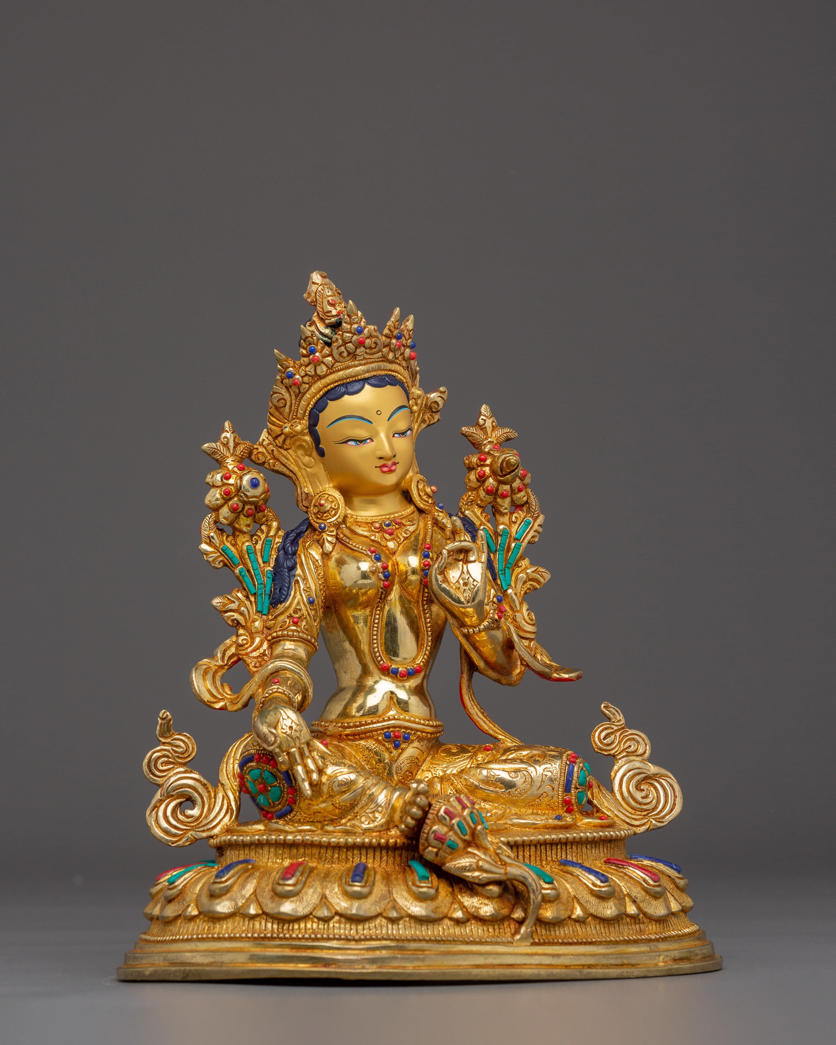 Handmade Shyama Tara Copper Sculpture | Tibetan Gold Plated Mother Tara Figurine