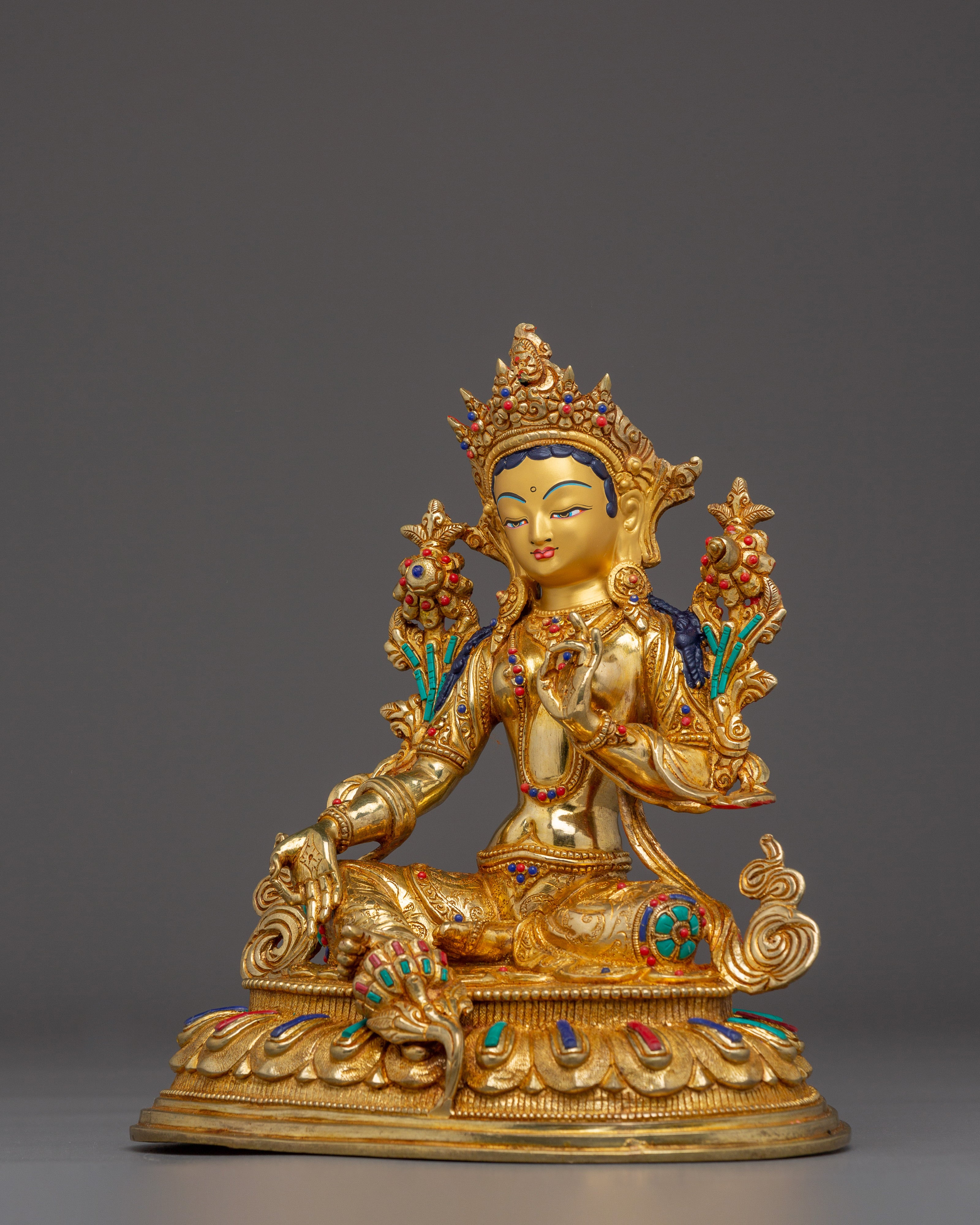 Handmade Shyama Tara Copper Sculpture | Tibetan Gold Plated Mother Tara Figurine