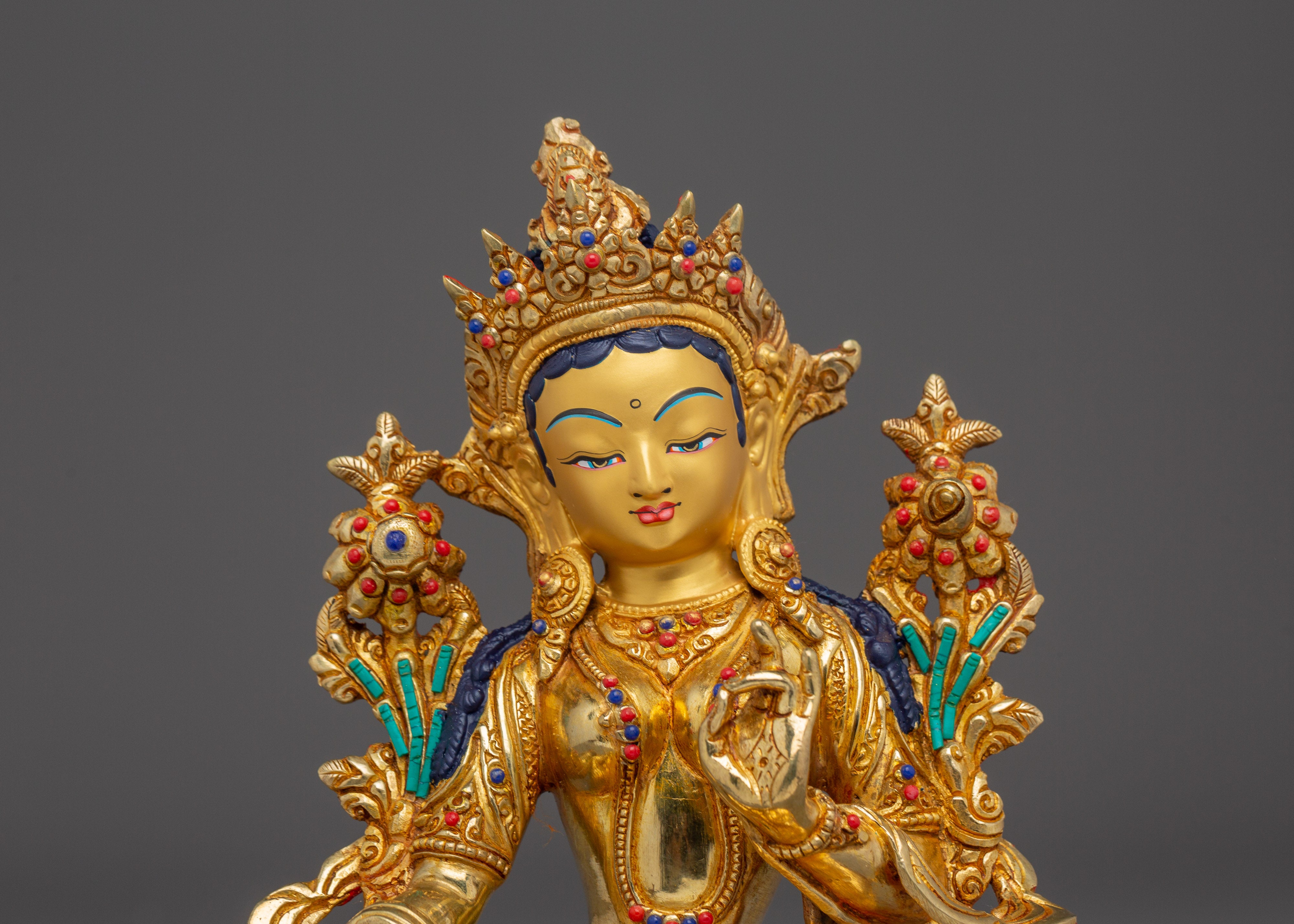 Handmade Shyama Tara Copper Sculpture | Tibetan Gold Plated Mother Tara Figurine