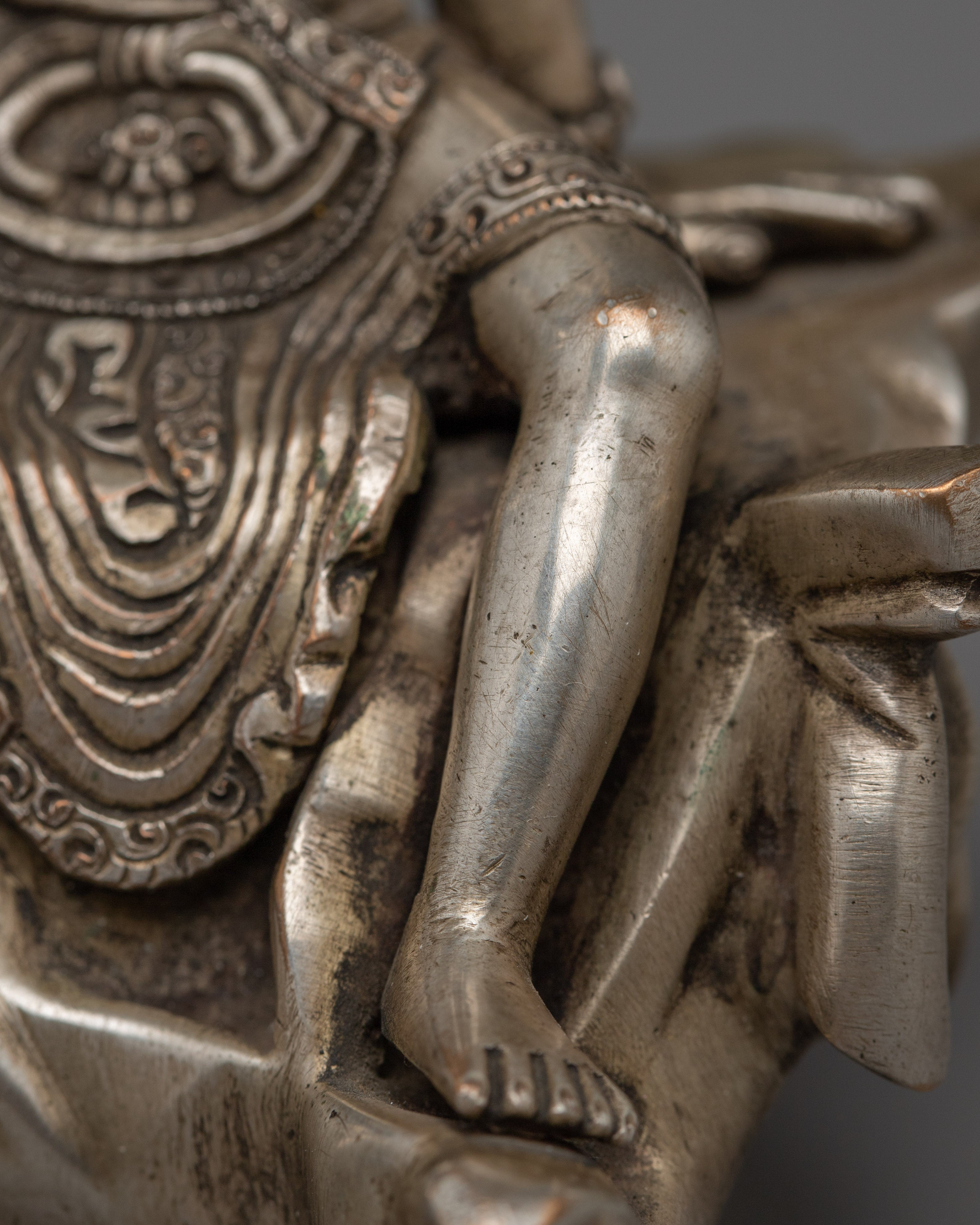 Silver Plated Sacred Lokeshvara Sculpture | Bodhisattva Copper Statue