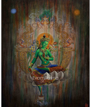 Eternal Guidance With Green Tara Thangka Print