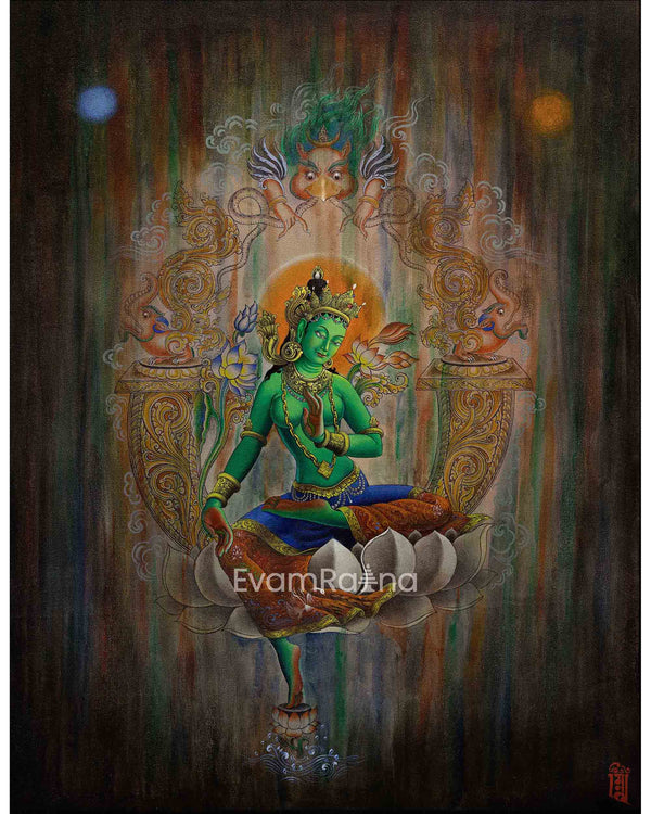 Eternal Guidance With Green Tara Thangka Print