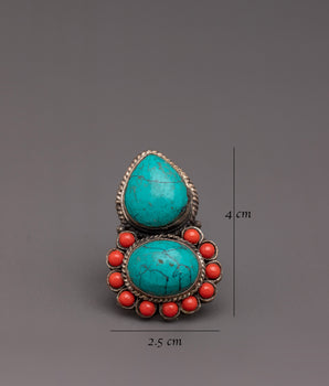 Handmade Bohemian Ring | Turquoise & Coral Vintage-Chic Look