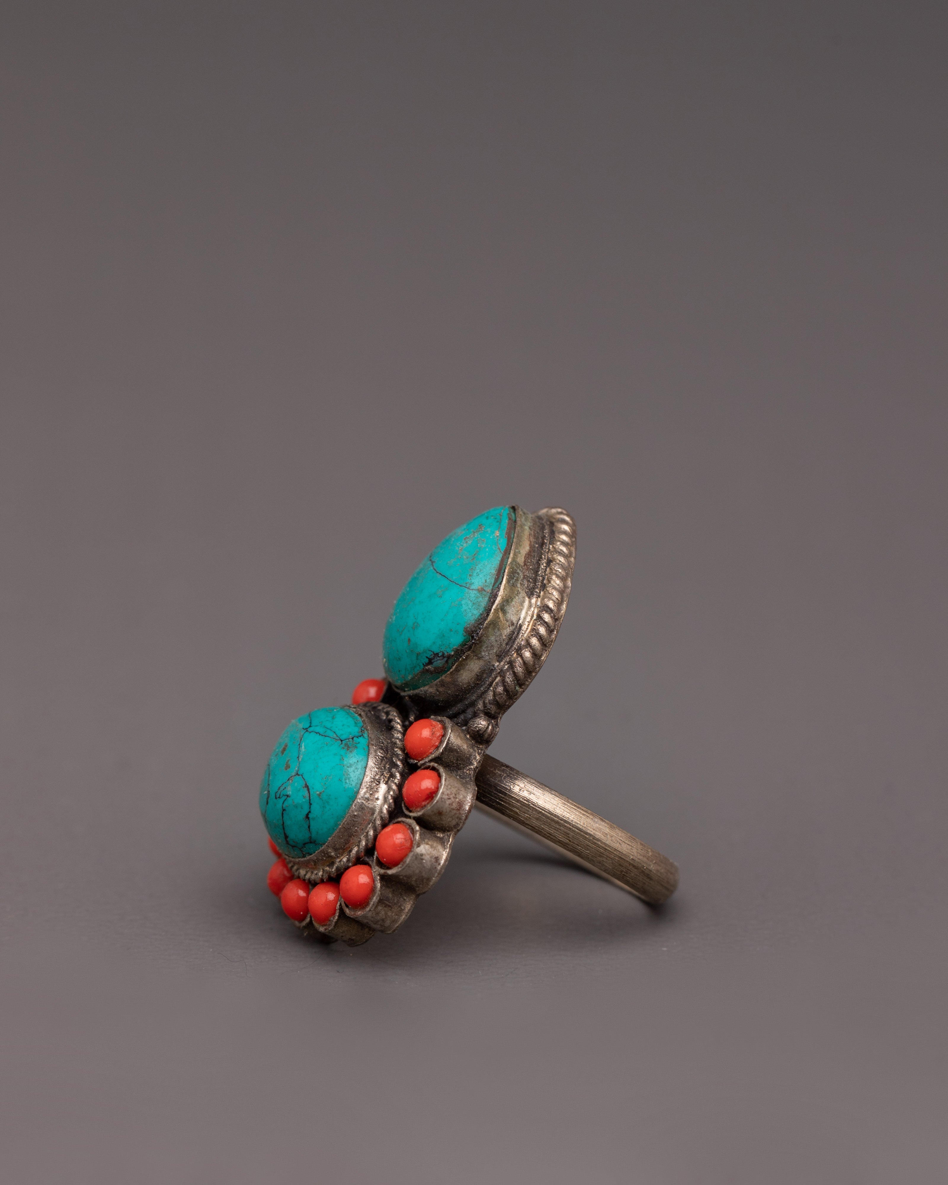 Handmade Bohemian Ring | Turquoise & Coral Vintage-Chic Look