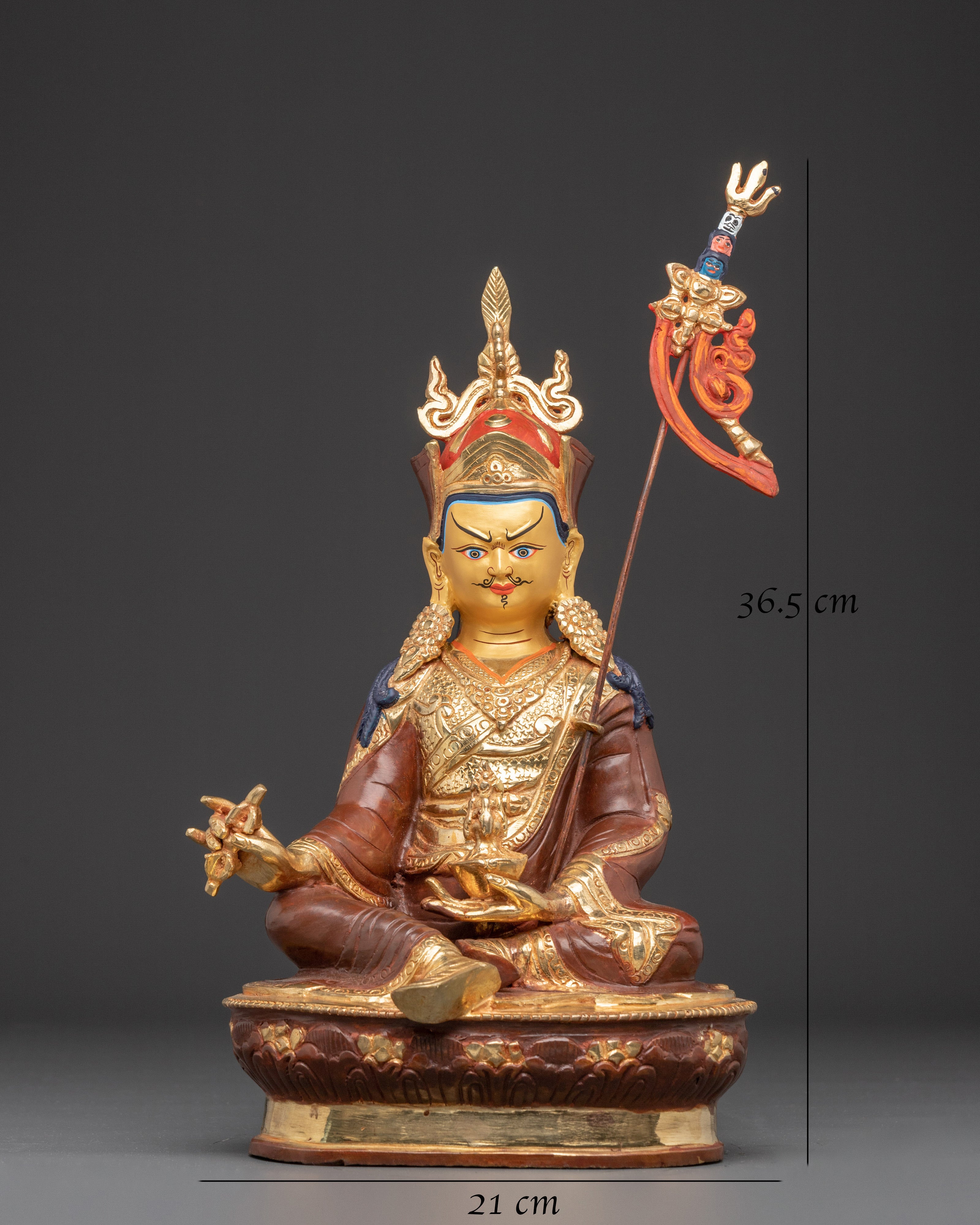 Handmade Tibetan Guru Rinpoche Statue | Copper Gold-Plated and Acrylic Sculpture