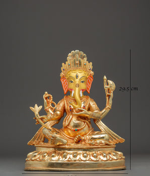 Handmade Gold-Plated Ganesha Sculpture | Copper Body with Coral & Turquoise Stones