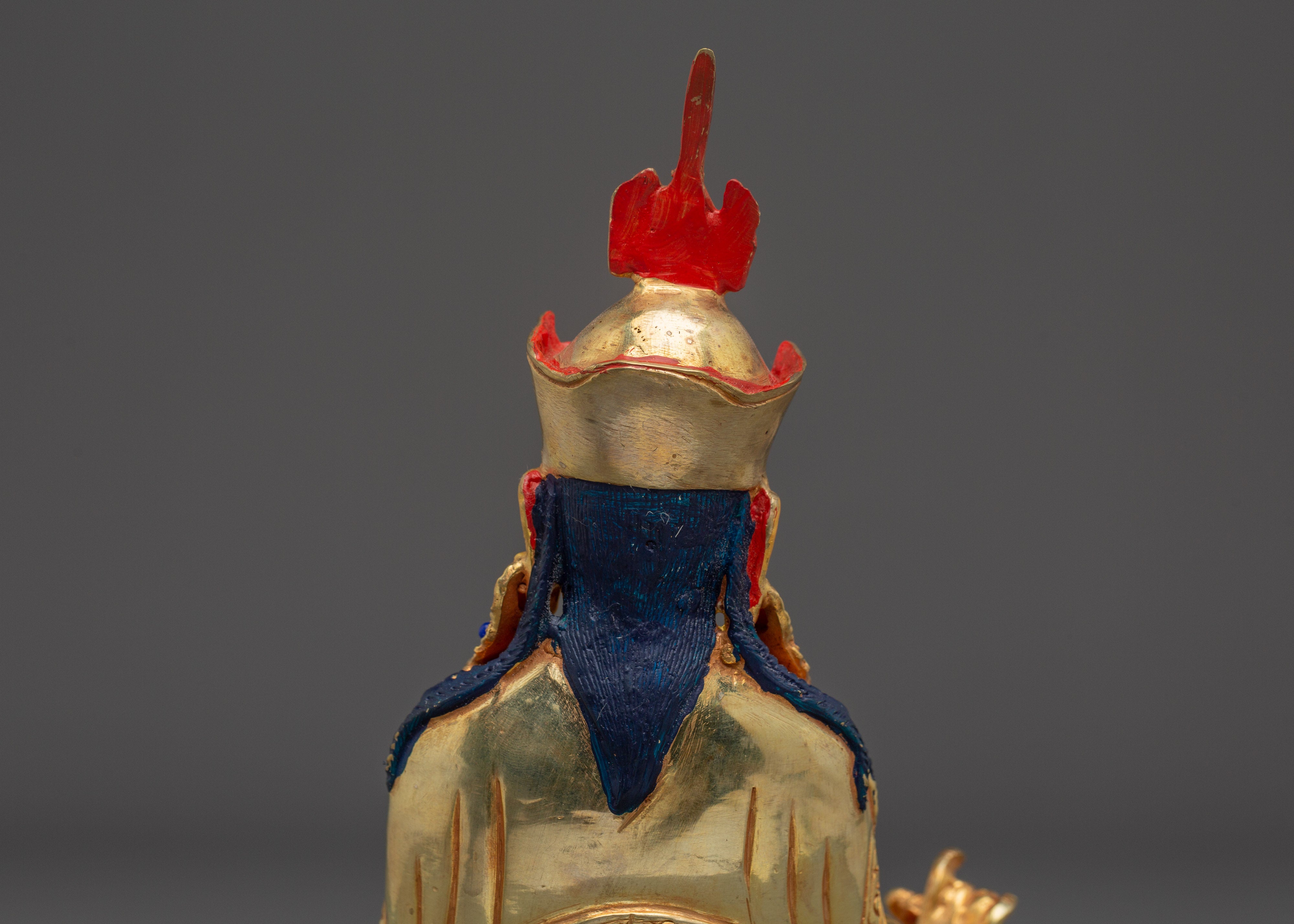 Sacred Padmasambhava Statue | Gold Plated Copper Buddha Sculpture with Coral & Turquoise