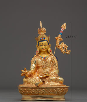 Sacred Padmasambhava Statue | Gold Plated Copper Buddha Sculpture with Coral & Turquoise
