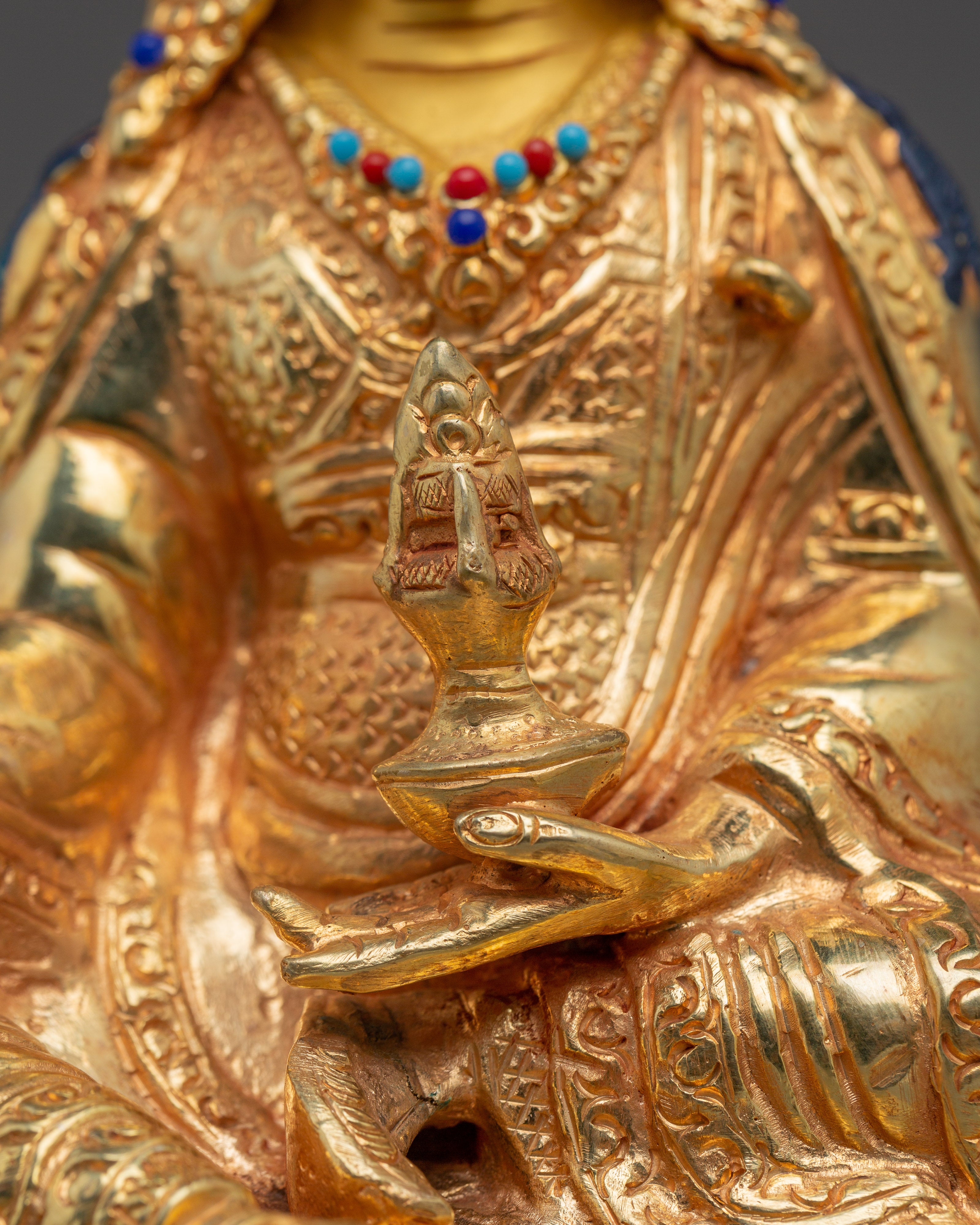 Sacred Padmasambhava Statue | Gold Plated Copper Buddha Sculpture with Coral & Turquoise