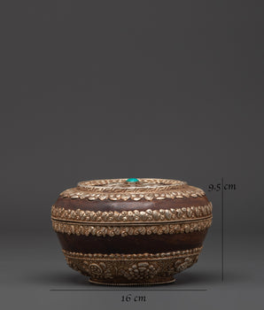 Authentic Tibetan Wood Rice Pot | Traditional Ritual Bowl with White Metal Details