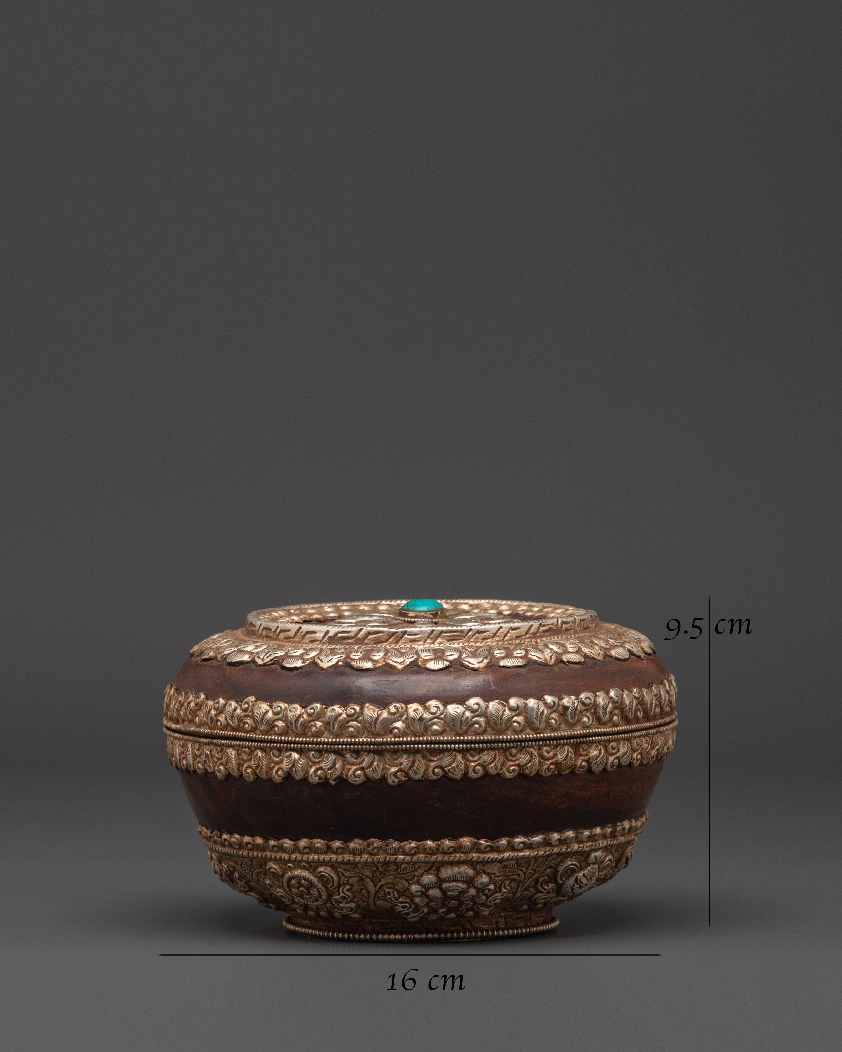 Authentic Tibetan Wood Rice Pot | Traditional Ritual Bowl with White Metal Details