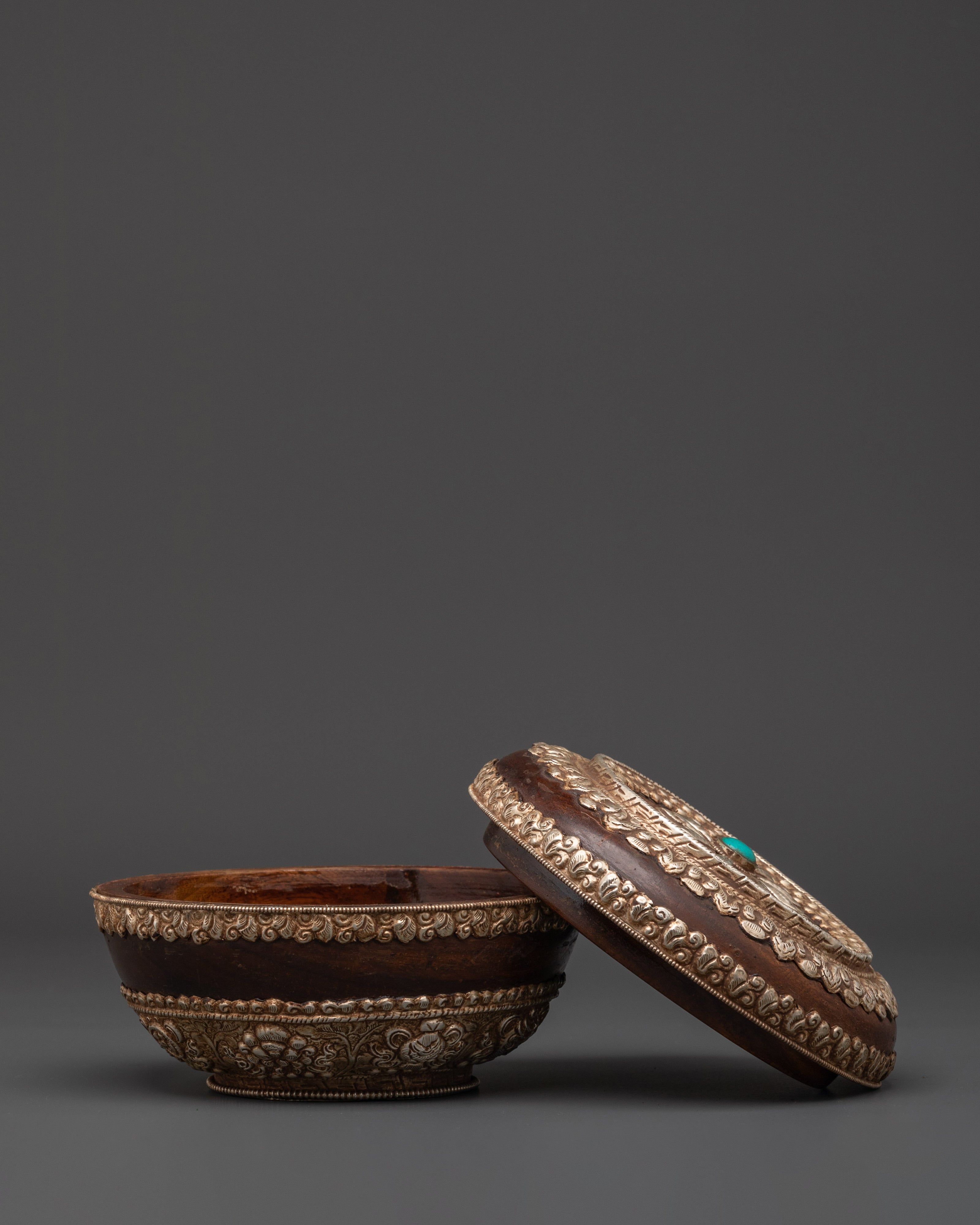 Authentic Tibetan Wood Rice Pot | Traditional Ritual Bowl with White Metal Details